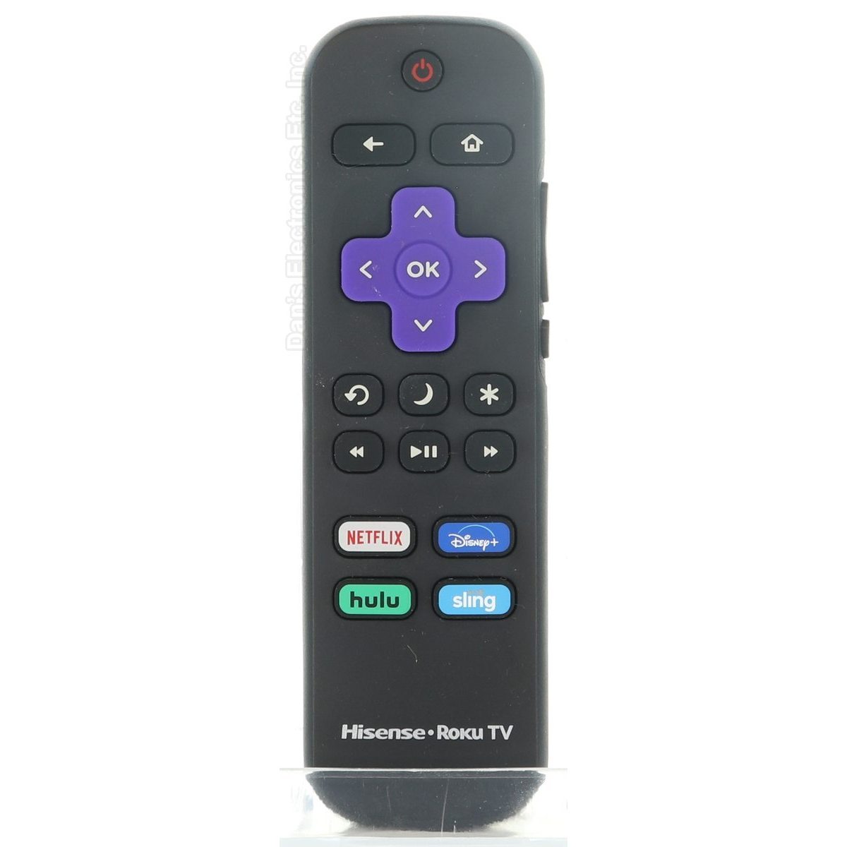 Displayed on a plain background, the Hisense RCALIR Roku Remote Control (model 269767 - HURCRUS22) stands out with a purple navigation pad and dedicated buttons for Netflix, Disney+, Hulu, and Sling.