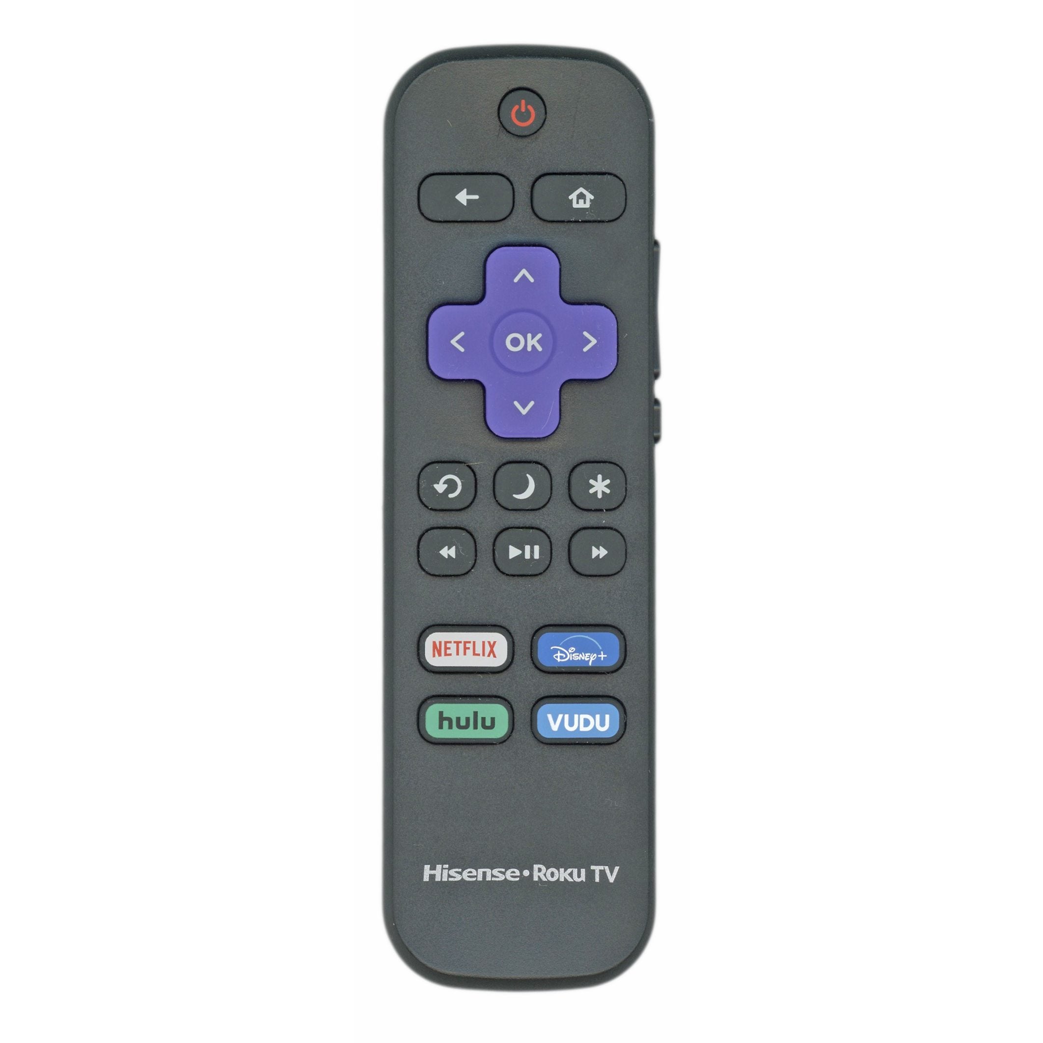 The Hisense RCALIR Roku TV Remote Control (model 276168) is compatible with various models and includes a directional pad, power and volume buttons, plus branded buttons for Netflix, Disney+, Hulu, and Vudu.
