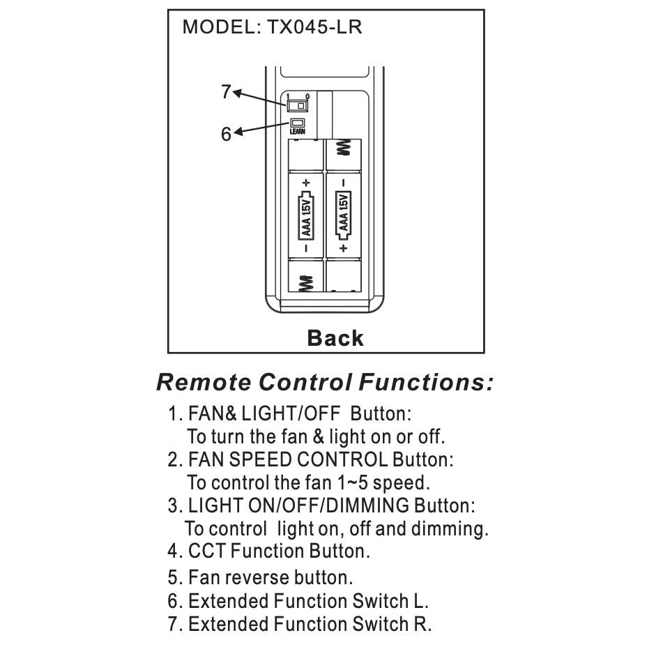 The Home Decorators Collection TX045-LR Ceiling Fan Remote Control provides an intuitive back view setup with antenna connection switches and battery slot access. It features specialized buttons for light dimming, fan speed control, CCT adjustments, fan reverse function, and extended feature navigation.