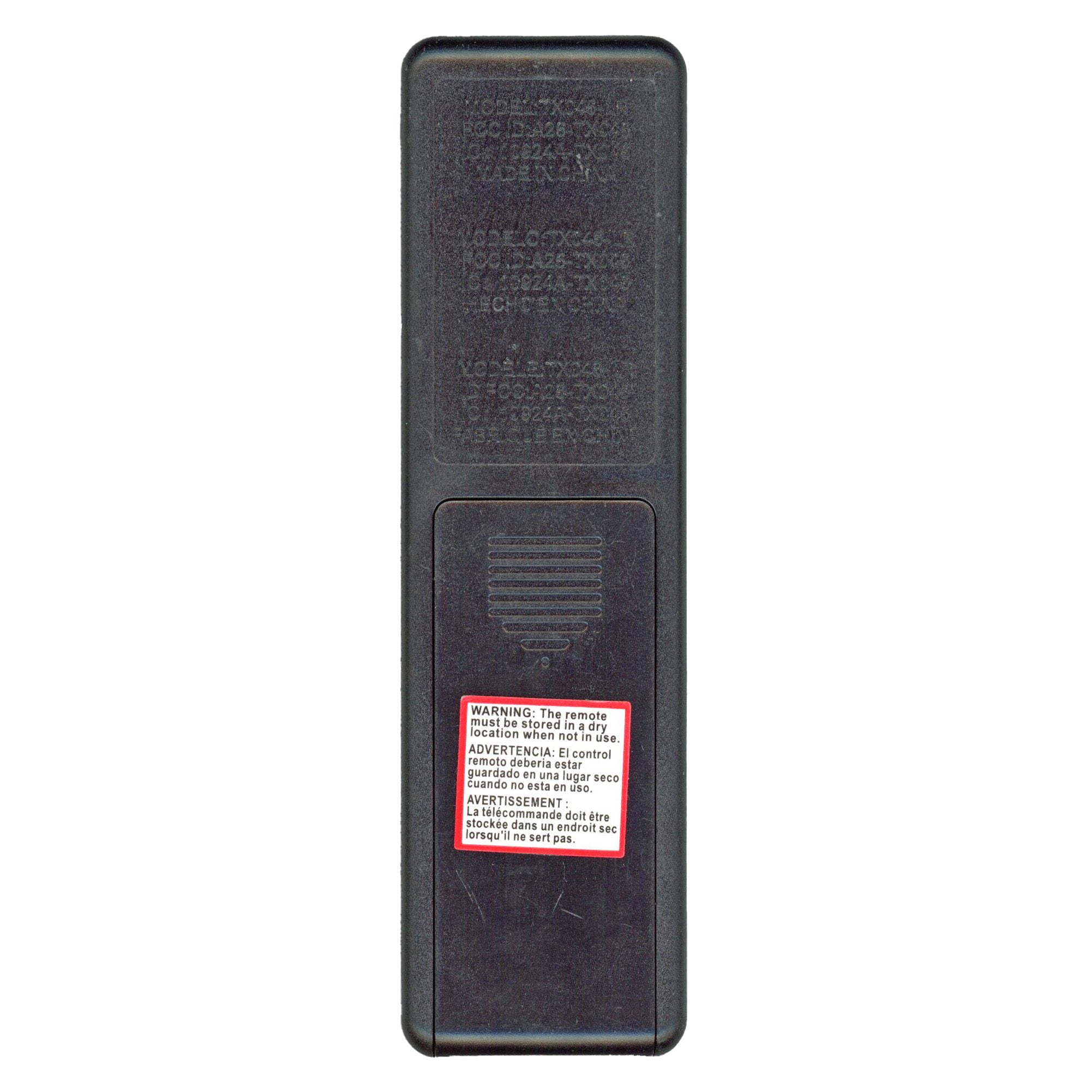 The rear of the Home Decorators Collection TX045-LR Ceiling Fan Remote Control in black has a battery compartment and a text-laden warning label, ensuring easy fan speed management.