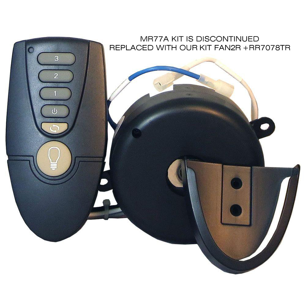 The Home Decorators Collection MR77A Ceiling Fan Remote Control Kit for Altura fans (Brushed Nickel/Oil Rubbed Bronze) is discontinued and replaced by the FAN2R + RR7078TR kits.