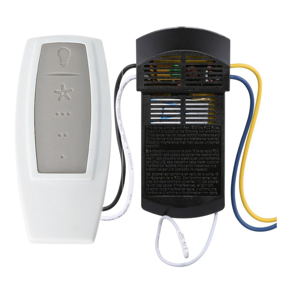 The Hunter 99110 Universal 3-Speed IN2TX36 Ceiling Fan Remote Control Kit includes a white handheld remote and black receiver with wires, allowing easy fan speed and light control for most ceiling fans.