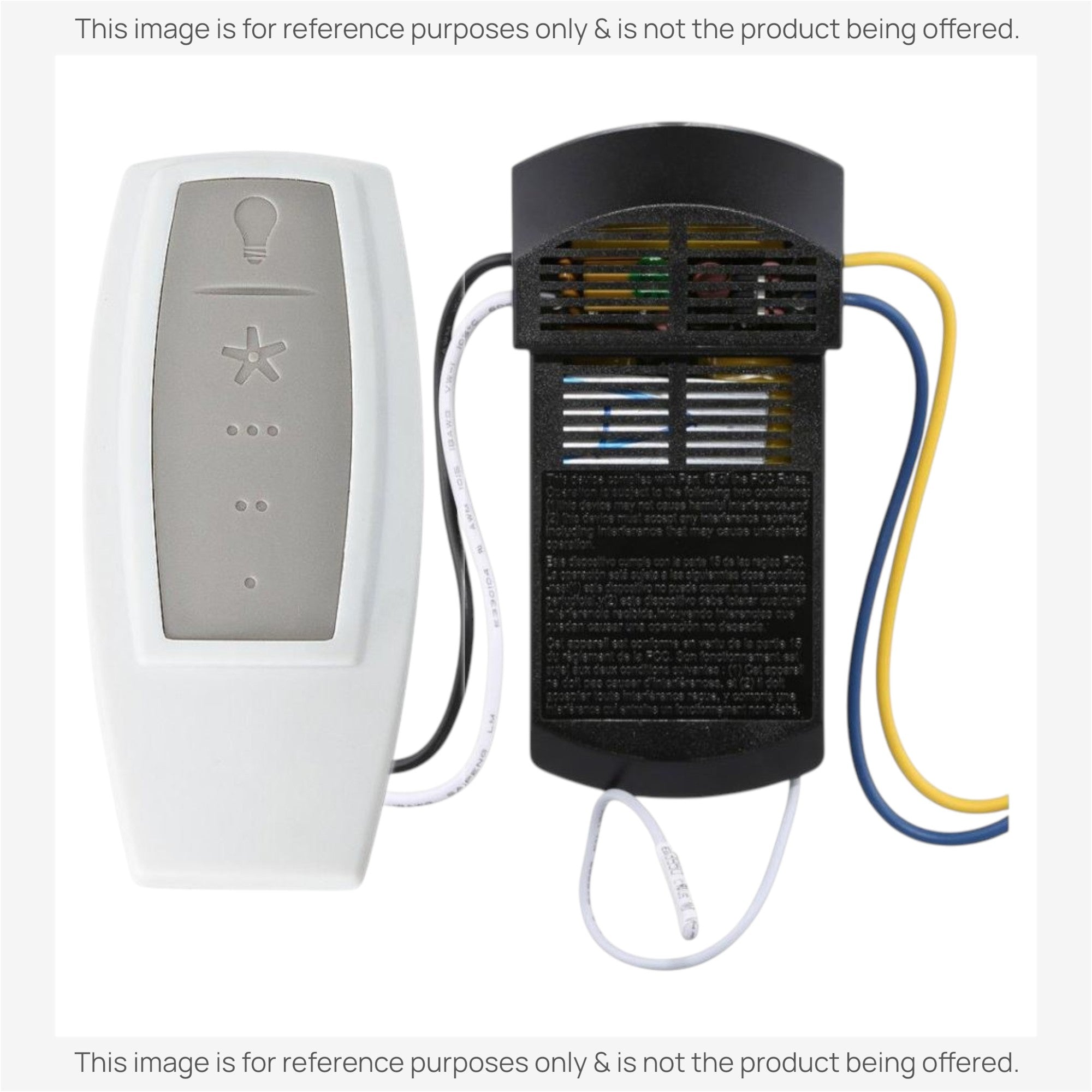 The Hunter 99110 Universal 3-Speed IN2TX36 Ceiling Fan Remote Control Kit includes a white handheld remote and black receiver with wires, allowing easy fan speed and light control for most ceiling fans.
