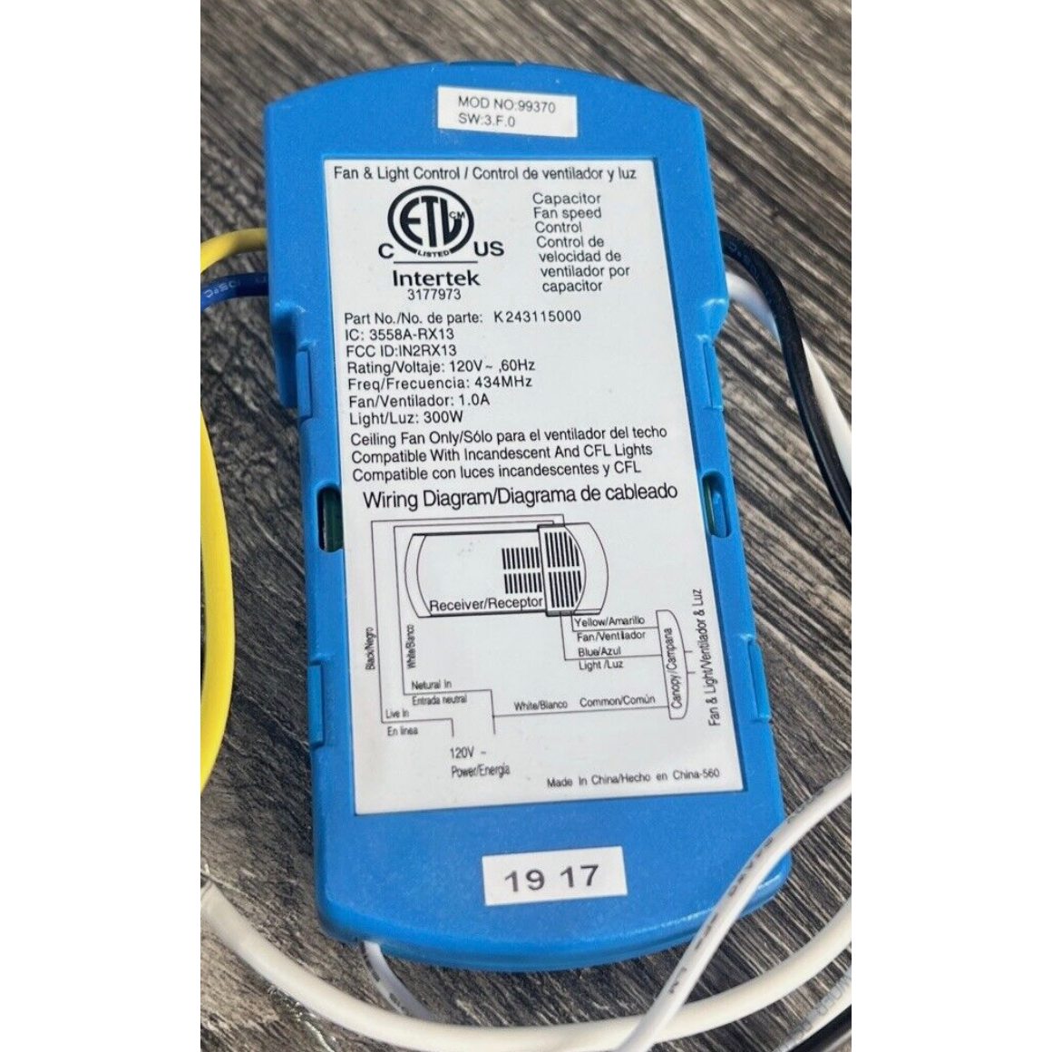 Hunter K243115000 for 99370 Ceiling Fan Receiver