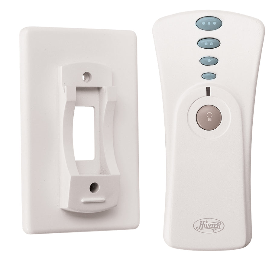 The Hunter 99119 / IN2TX43 3 Speed Ceiling Fan Remote Control is white with four blue buttons (three for speed, one light icon), shown beside a matching wall mount bracket. Both feature the Hunter logo.