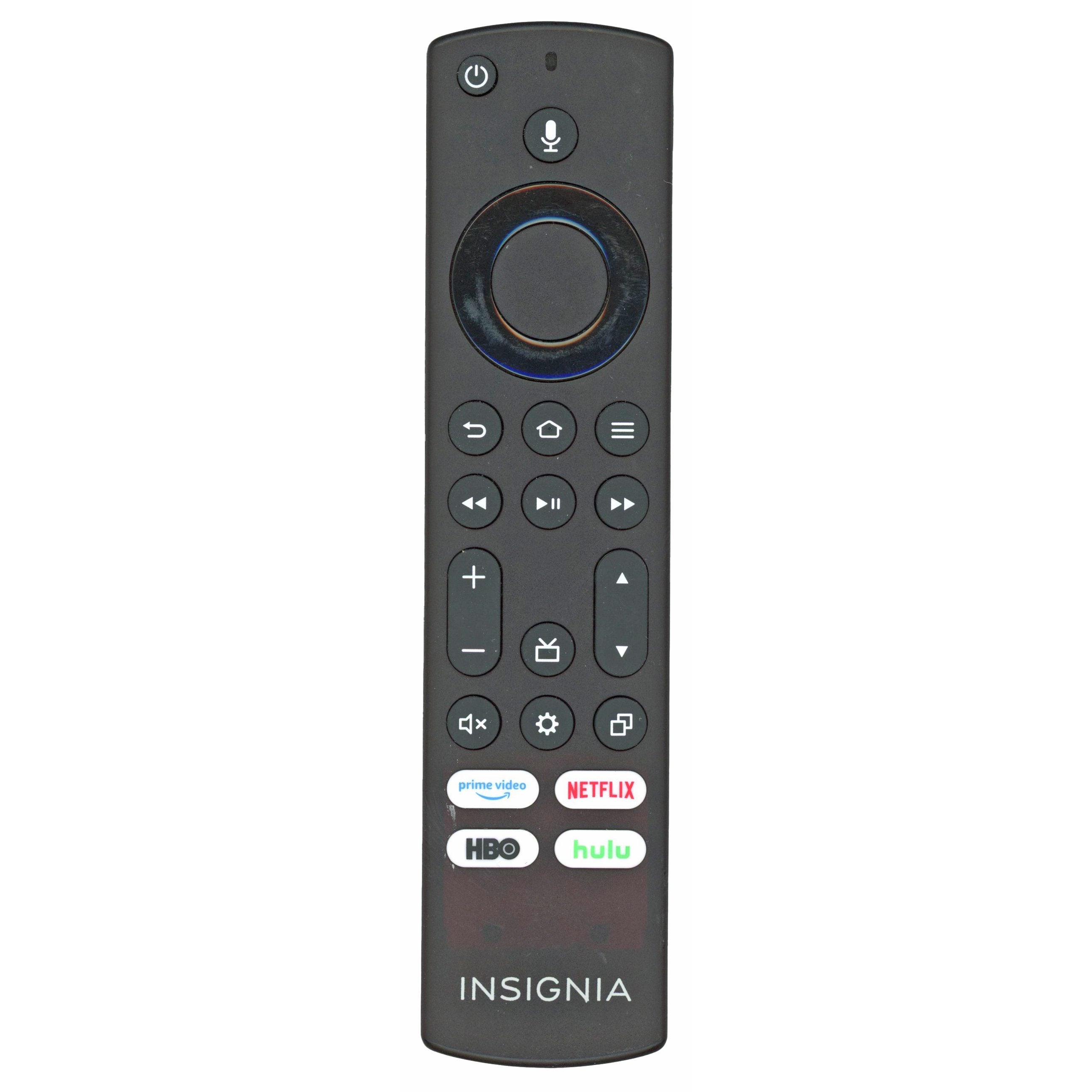 The Insignia NS-RCFNA21 FIRE TV Remote Control features playback buttons, a navigation circle, and streaming shortcuts for Prime Video, Netflix, HBO, and Hulu on a white background. It ensures seamless control with easy pairing instructions included.
