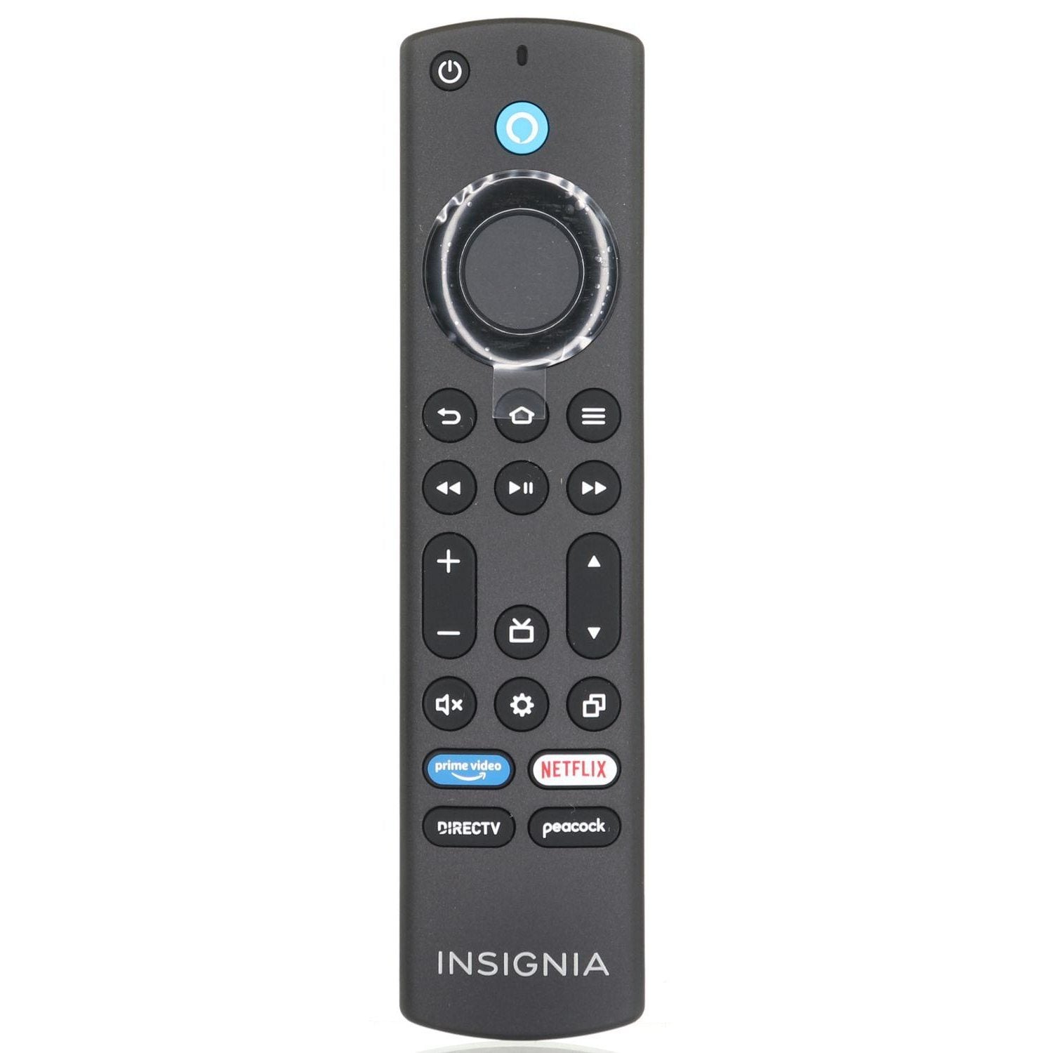 The Insignia NS-RCFNA21 REV F FIRE TV Remote Control (398GM10BEBYN0012HT) in black includes power, volume, voice input, and a directional pad. It also has dedicated buttons for Prime Video, Netflix, DirecTV, and Peacock for effortless streaming.