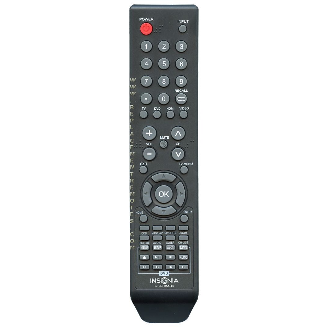 The Insignia NSRC05A13 TV/DVD Remote Control - NS-RC05A-13 is a black remote featuring numerous buttons like power, input, volume, and navigation arrows. It's compatible with models such as NS32LD120A13 and NS24ED200NA14 for seamless functionality.