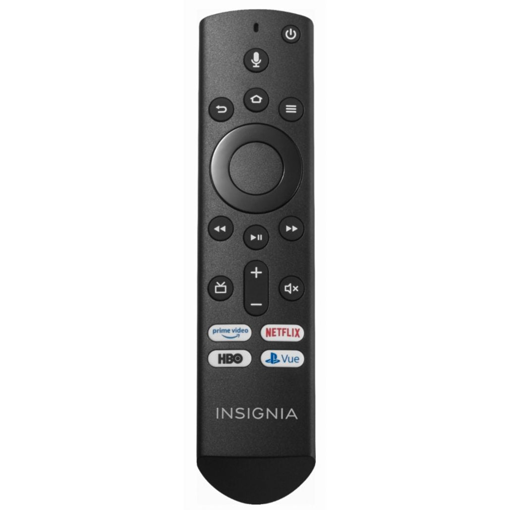 The Insignia NSRCFNA19 FIRE TV Remote Control (398GM10BEBYN0HT) features a sleek black design with buttons for power, microphone, navigation, volume, and quick access to HBO, Netflix, Prime Video, and ESPN—perfect for seamless entertainment control.