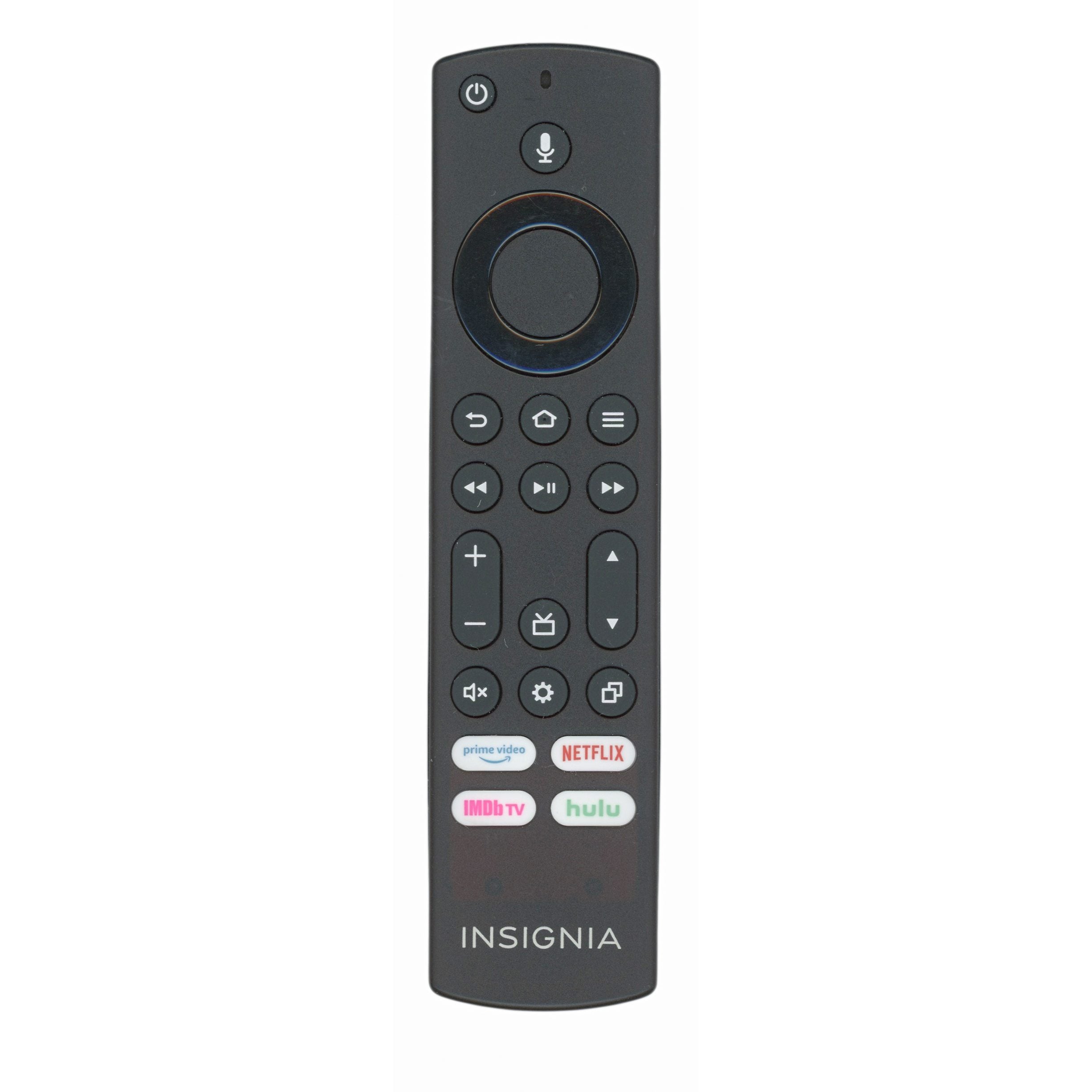 The Insignia NSRCFNA21 FIRE Rev B TV Remote Control (PUW2K19YKF470) features a sleek design with a circular navigation pad, playback buttons, and volume controls. It serves as a universal remote for Insignia Fire TV, including dedicated buttons for Prime Video, Netflix, IMDb TV, and Hulu.