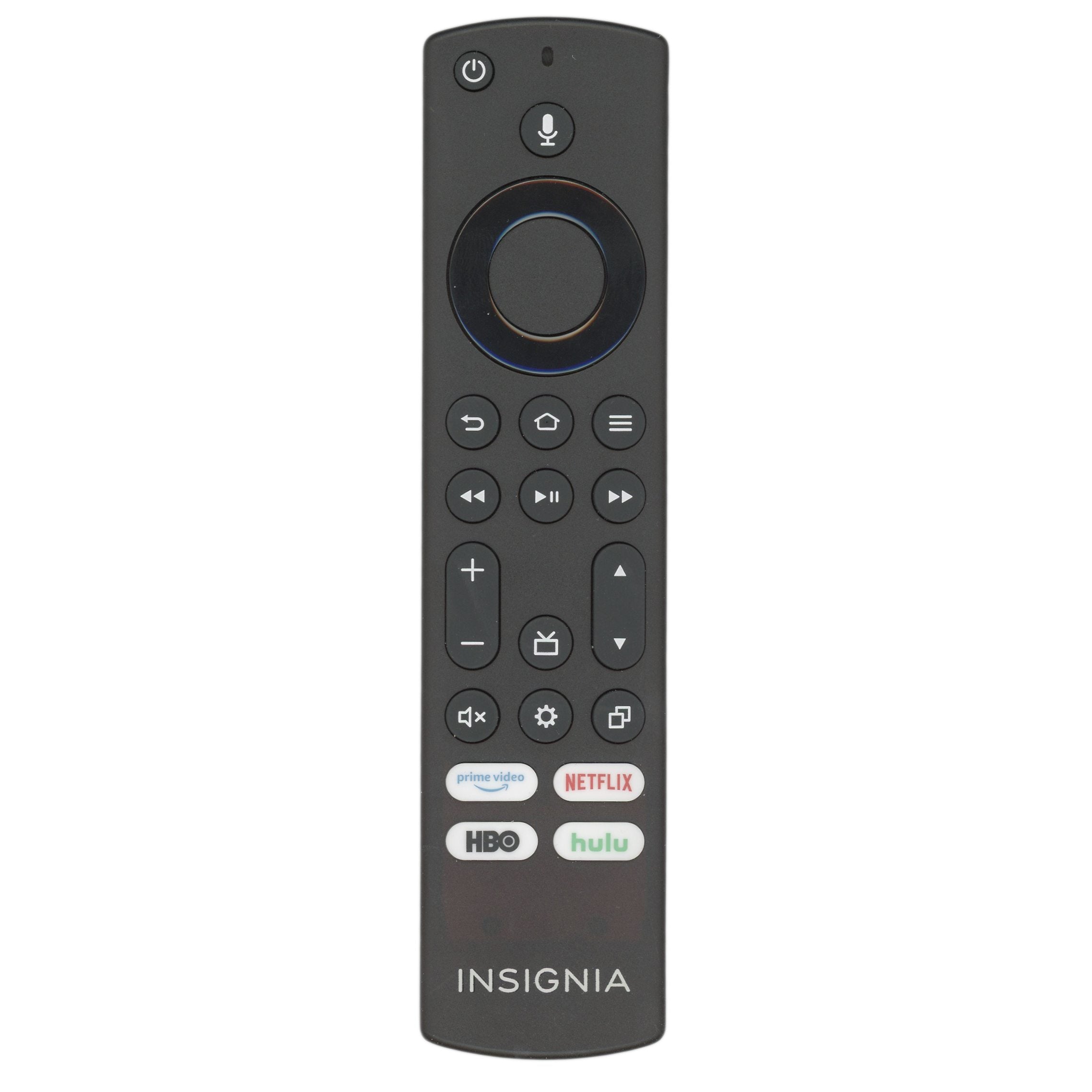 The Insignia NS-RCFNA-21 Fire TV Remote Control, model NSRCFNA21, is black and features buttons for power, voice, navigation, and streaming services like Netflix, Prime Video, HBO, and Hulu.