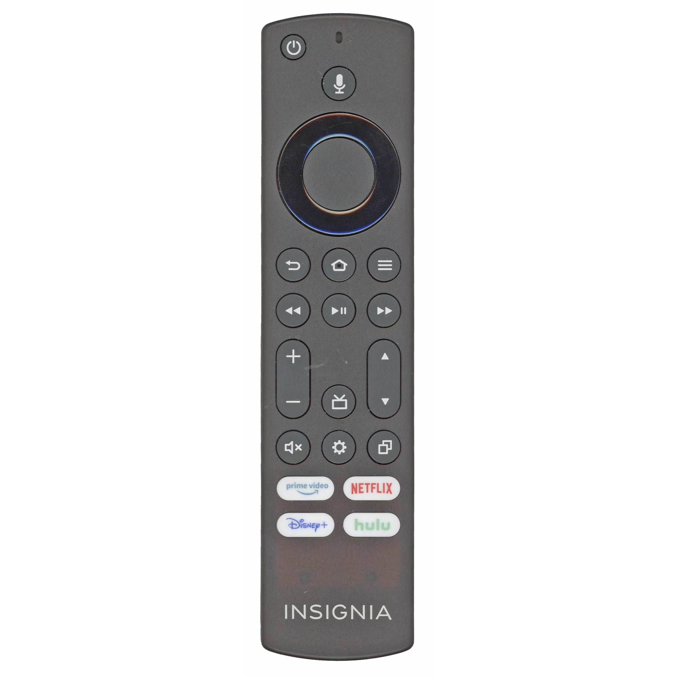 The Insignia NSRCFNA21 Rev E Fire TV Remote Control includes a circular navigation pad, playback buttons, and quick access to Prime Video, Netflix, Disney+, and Hulu. This universal remote ensures seamless control of your entertainment system.