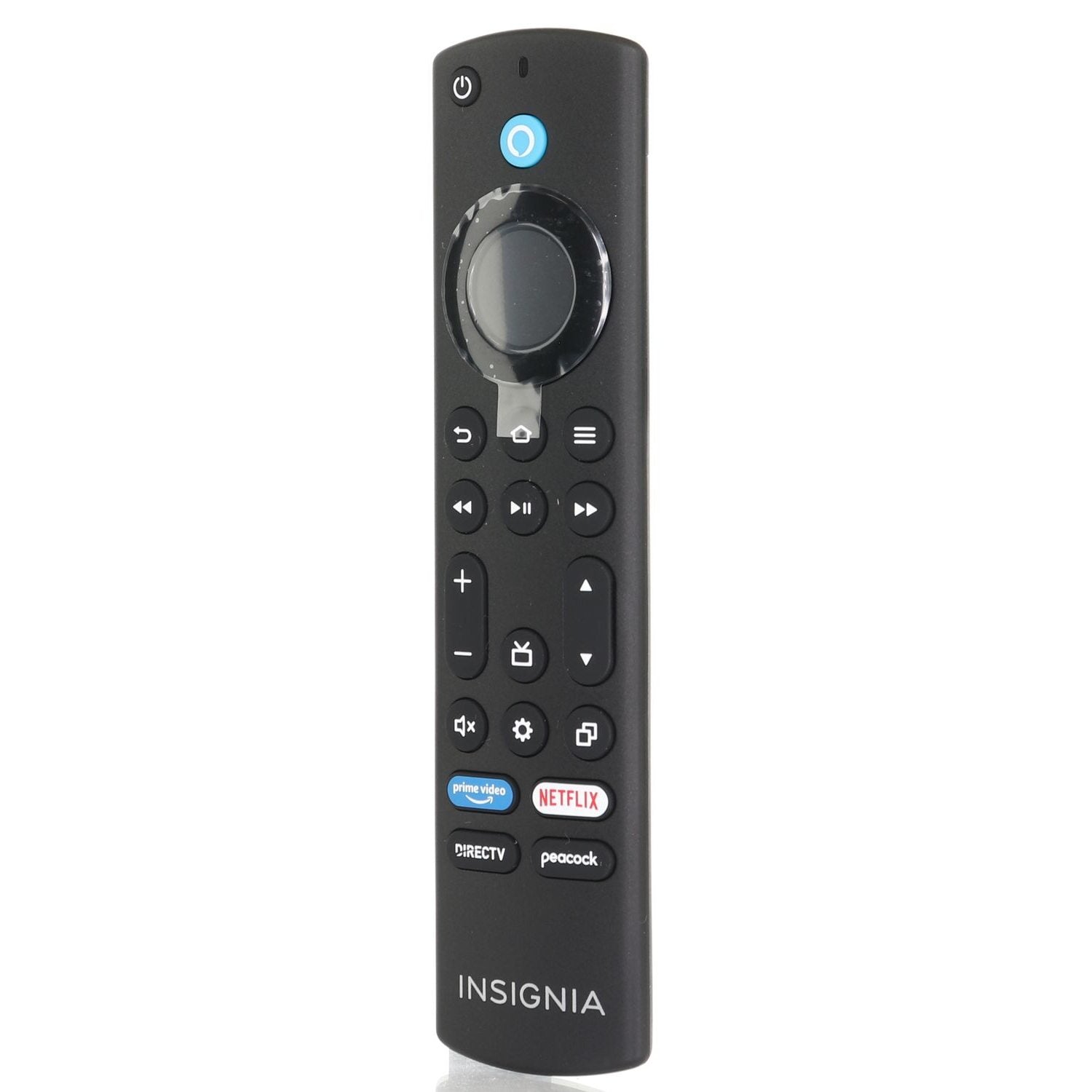 The Insignia NSRCFNA21 Rev F Fire TV Remote (NSRCFNA21-Rev-F) in sleek black offers power, volume, navigation, voice control, and quick access to Prime Video, Netflix, and Peacock. Easily set it up with devices using the included pairing instructions.