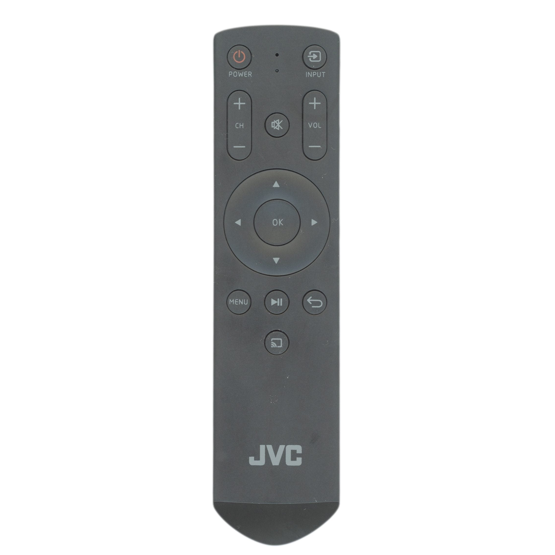 A black JVC television remote control with buttons for power, volume, and channel control.