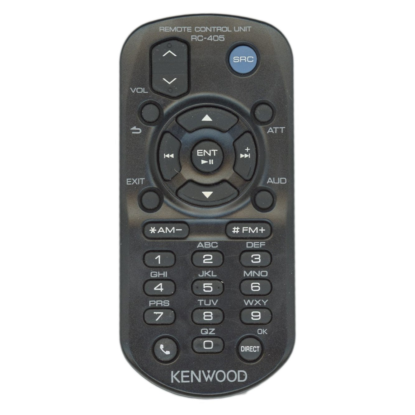 The Kenwood RC405 Car Audio Remote Control works with models like KDCMP245 and DPX308U, and includes volume buttons, play/pause functionality, and a numeric keypad.
