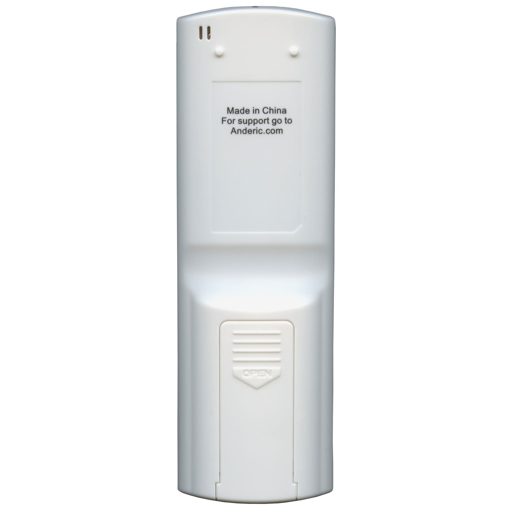 The Anderic KTN828 Universal A/C Remote's back view showcases an easy-to-program battery compartment marked "OPEN" and text stating "Made in China. For support, visit Anderic.com.