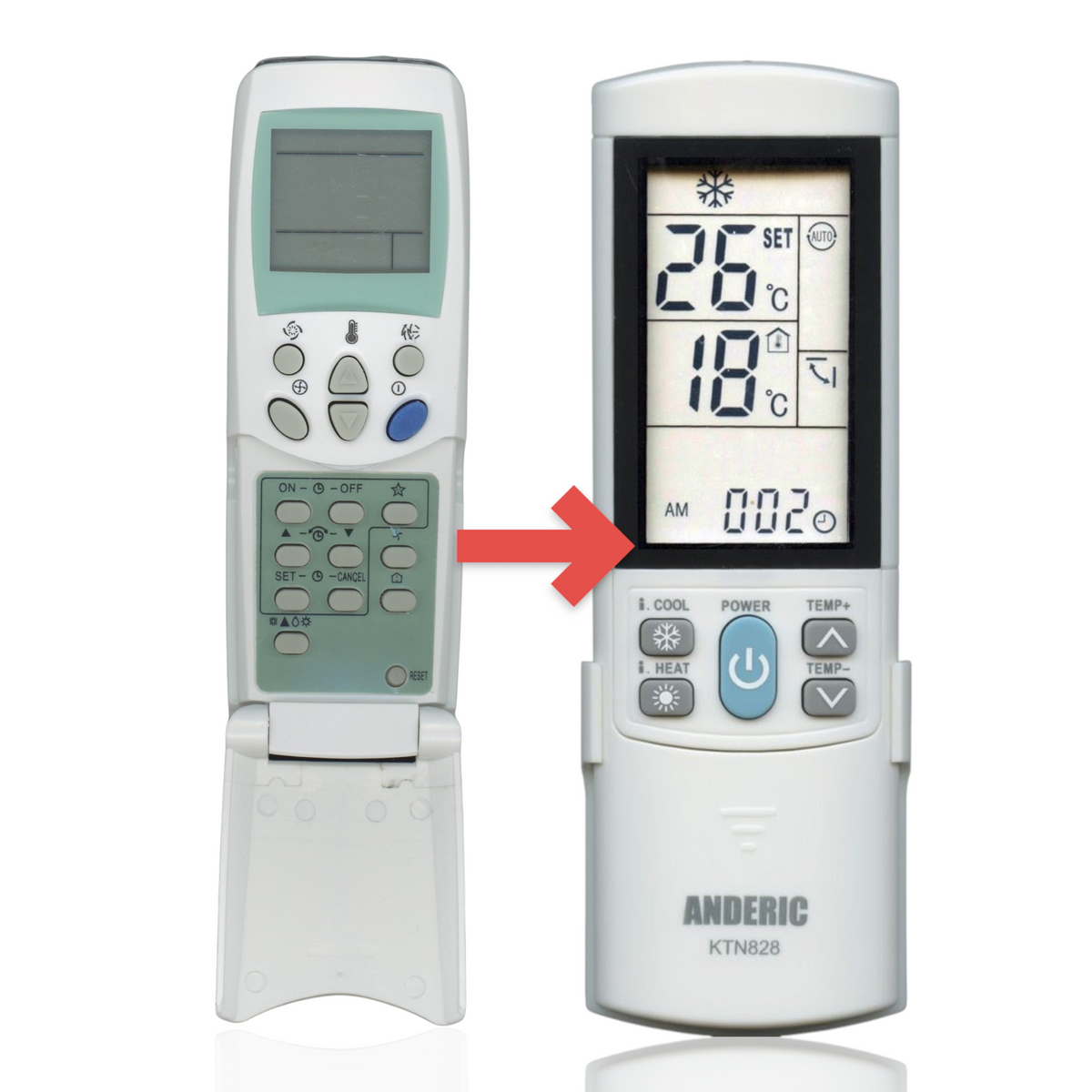 Anderic universal air conditioner remote with LCD screen, control buttons, and a flip-down cover in white and grey.