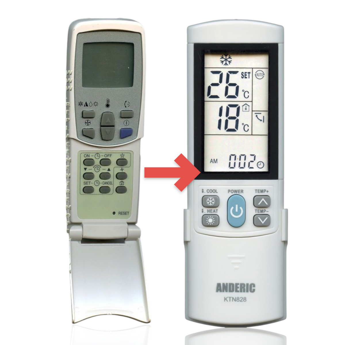 Anderic KTN828 universal air conditioner remote with backlit LCD display and flip-down cover for LG units.