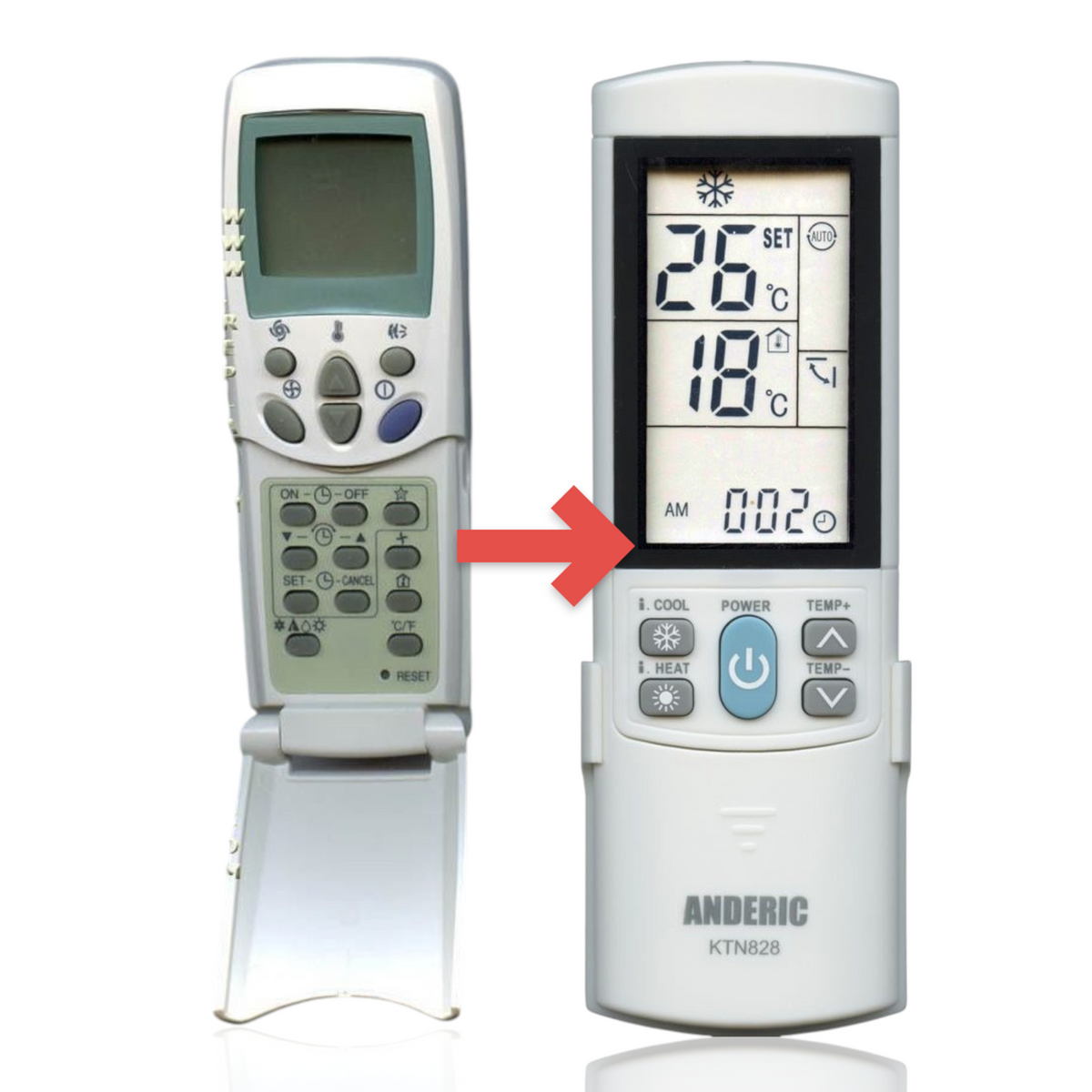 Anderic KTN828 replacement remote control for LG air conditioners with a backlit LCD screen and sliding cover.