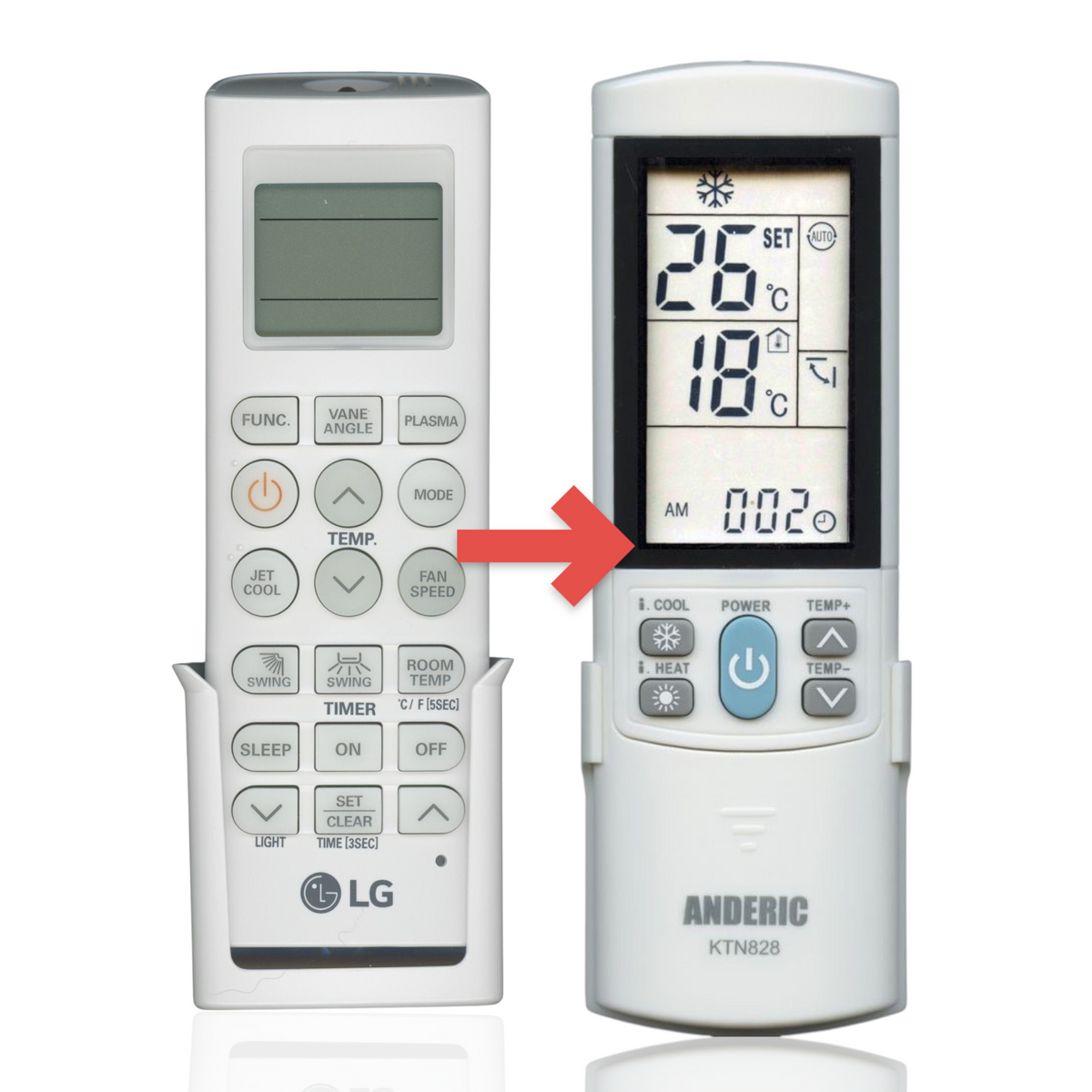 Anderic KTN828 white remote control for LG air conditioners featuring an LCD screen and thermostatic settings.