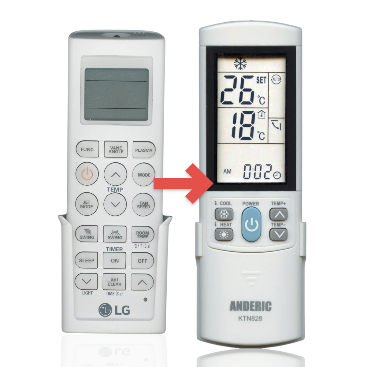 Anderic KTN828 white universal air conditioner remote control with backlit LCD screen and programmable buttons.