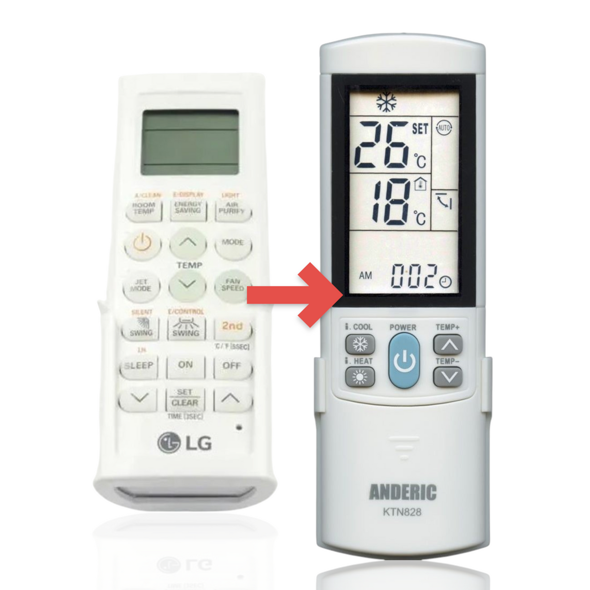 Anderic white universal air conditioner remote control with backlit LCD display and multi-function buttons.