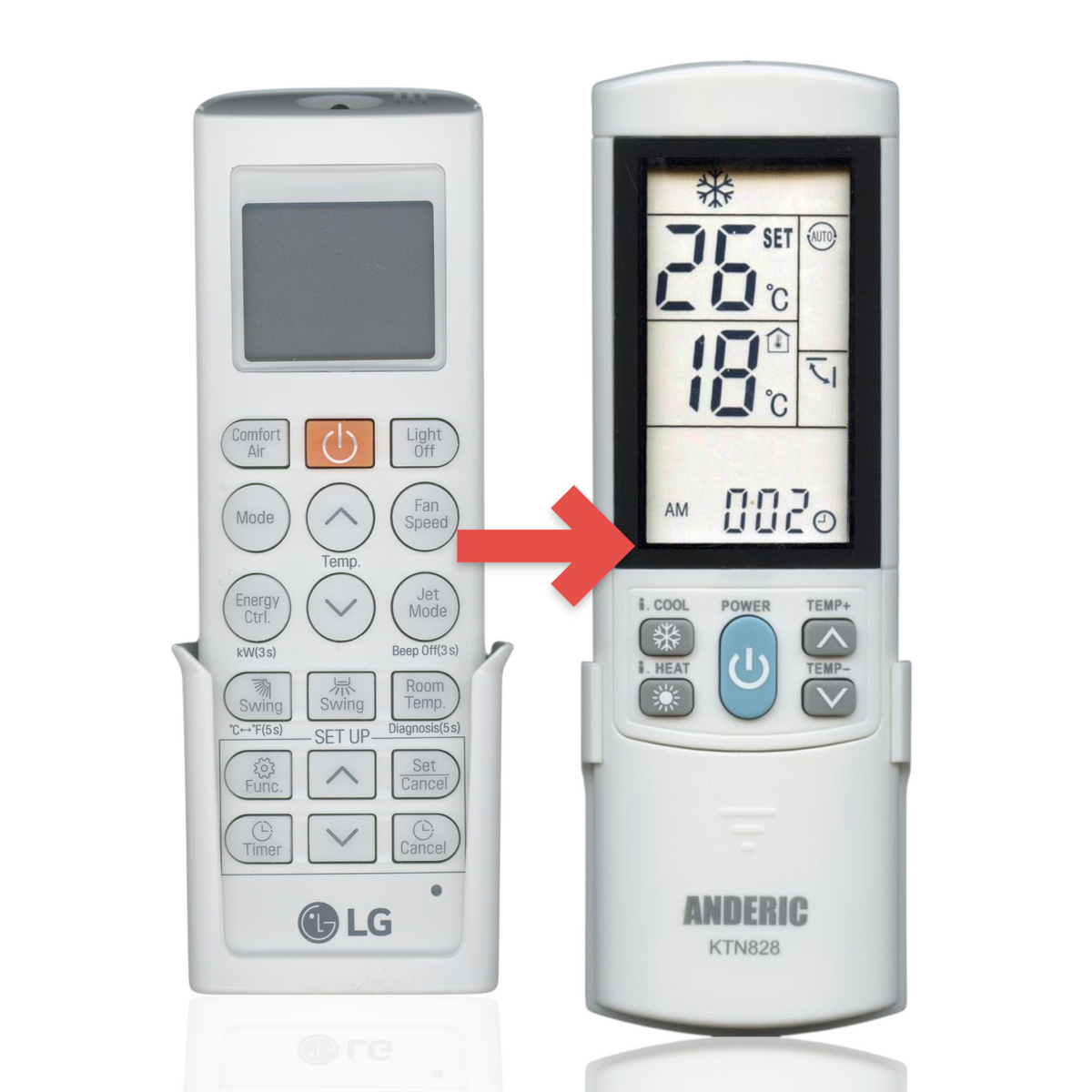 Anderic universal air conditioner remote control with backlit LCD screen, white plastic casing, and function buttons.