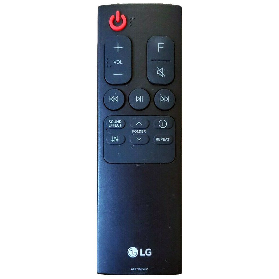 The LG AKB75595361 Sound Bar Remote Control features power, volume, playback, sound effect, folder, and repeat buttons; compatible with SN4AREMOTE CONTROLLER and SNC4R models.