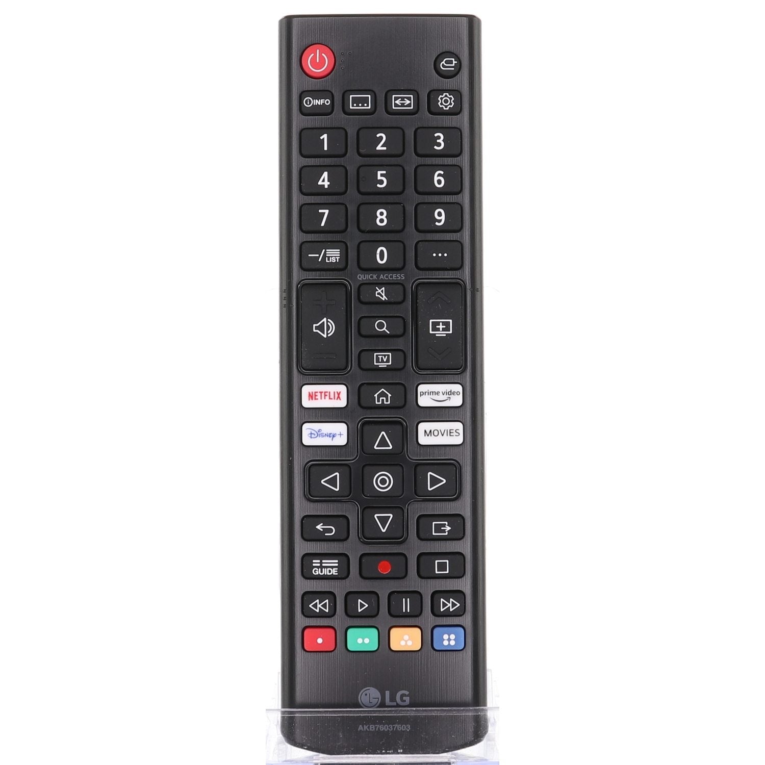 Black LG remote control on a white background