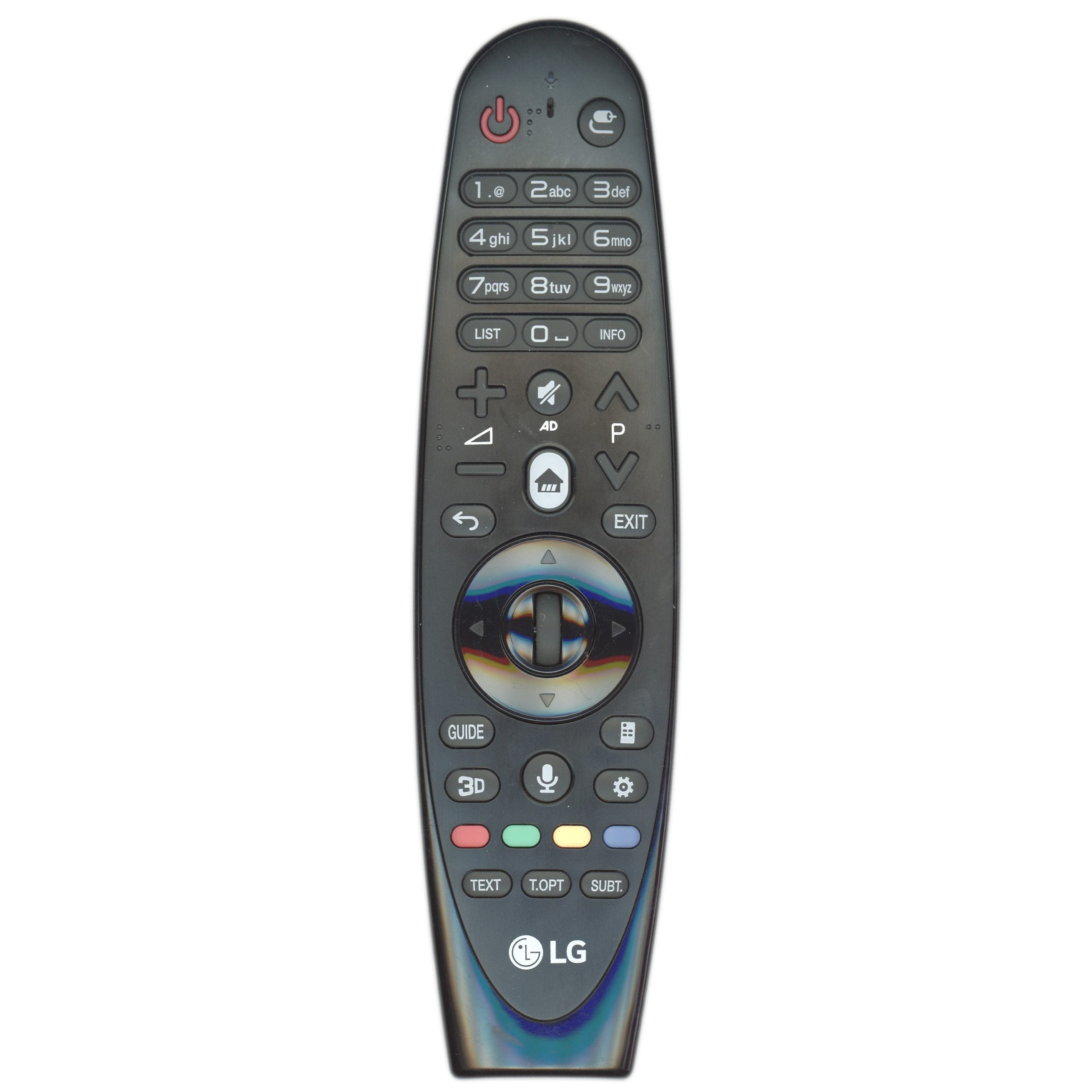The stylish LG AN-MR600 Australian Version TV Remote Control, compatible with UF950T and UG870T models, features a rounded design with buttons for power, volume, channel, menu navigation, guide and settings shortcuts, a scroll wheel, and vibrant color-coded buttons.