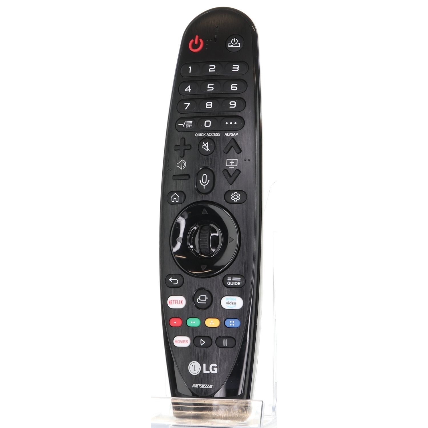 The LG ANMR20GA MAGIC TV Remote Control (AKB75855501) in black includes buttons for power, number pad, navigation, volume, and channels. It features motion-based navigation and voice control with streaming shortcuts for Netflix and Prime Video.