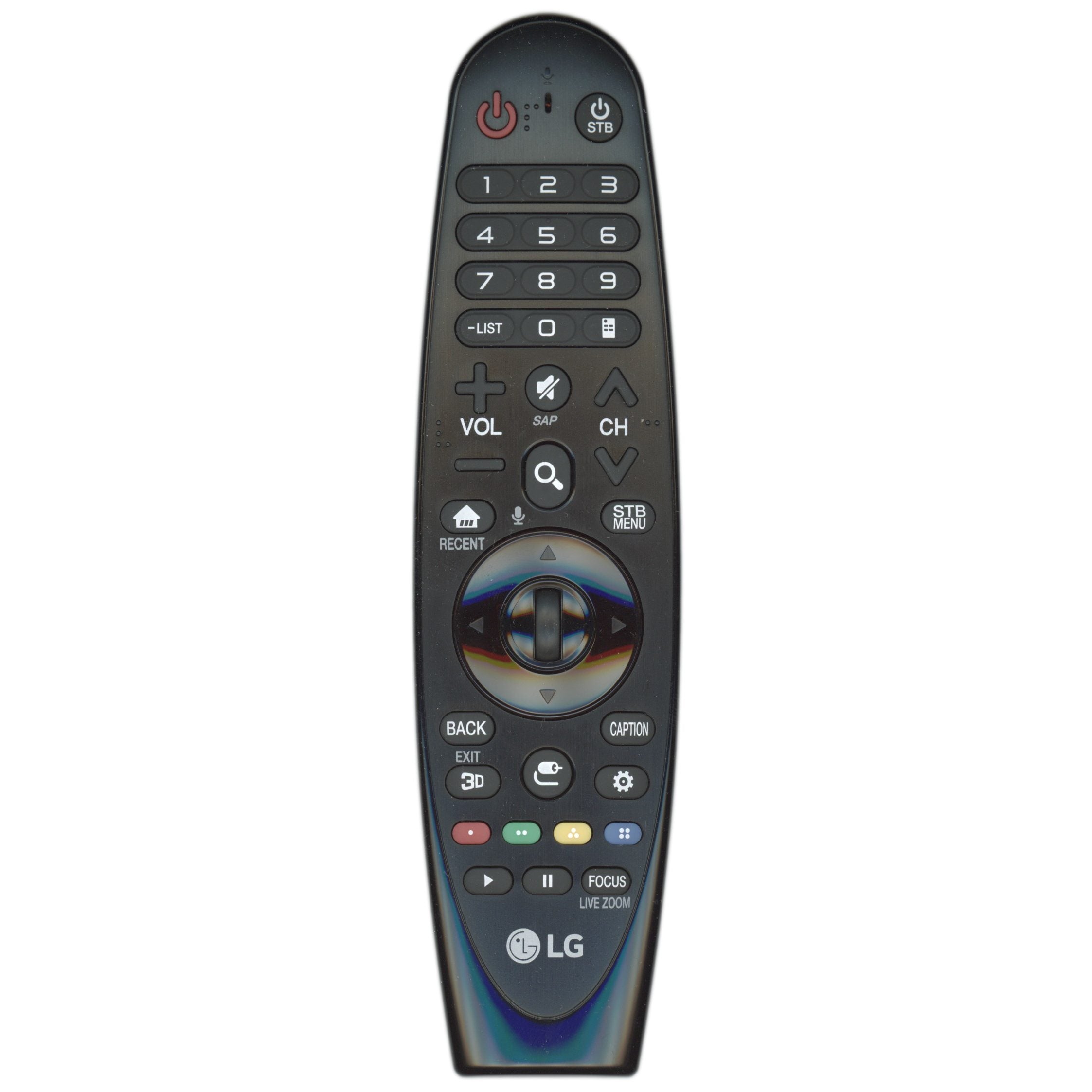 The LG AN-MR600 magic TV Remote Control offers a numeric keypad, volume and channel buttons, navigation pad, and function keys for easy access. Enjoy the convenience of magicG functionality for seamless entertainment control.