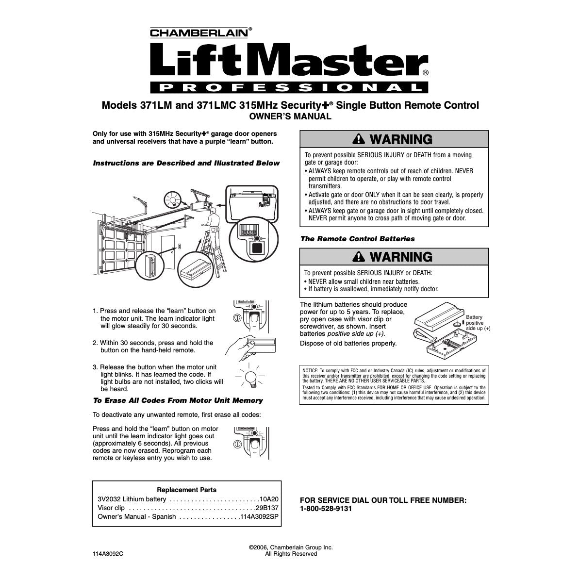 LiftMaster 371LM / 371LMC 1-Button Visor 315 MHz Garage Door Opener Remote Control