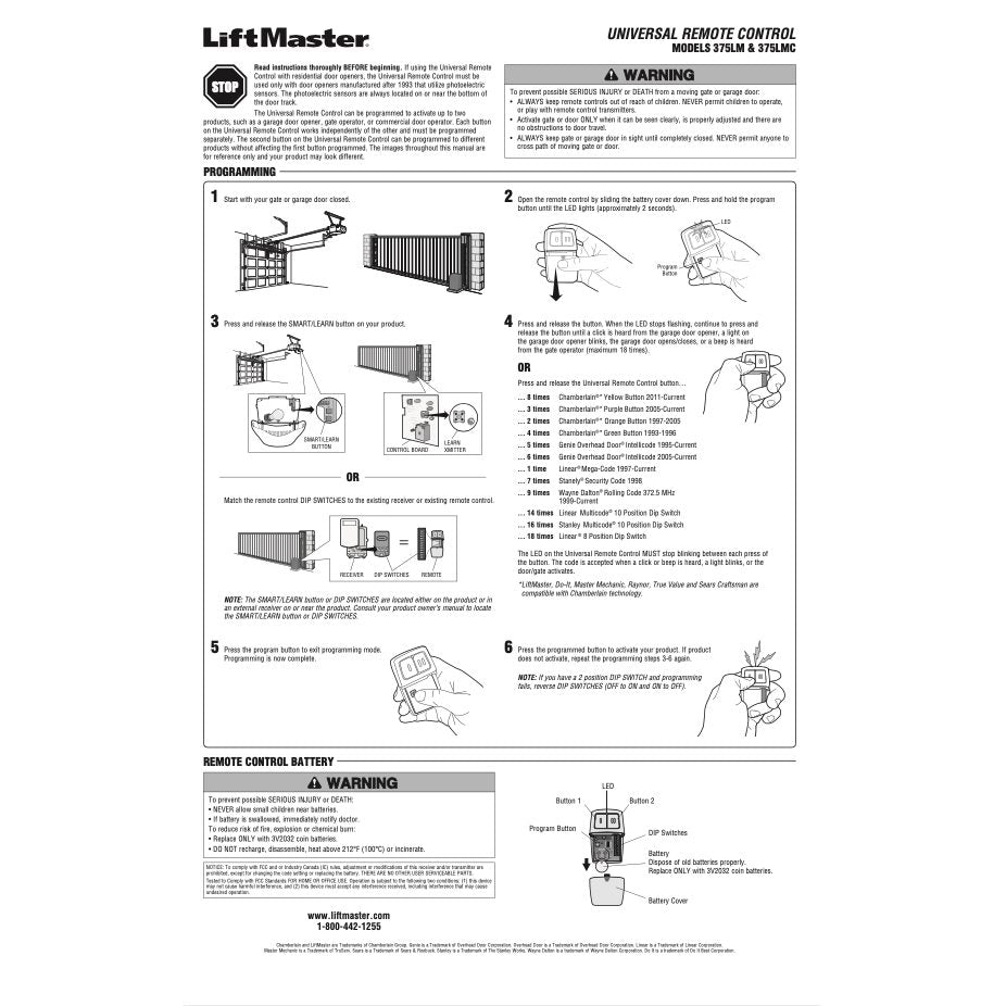 Control remoto universal para abre-puertas de garaje LiftMaster 375LM con 2 botones y visera