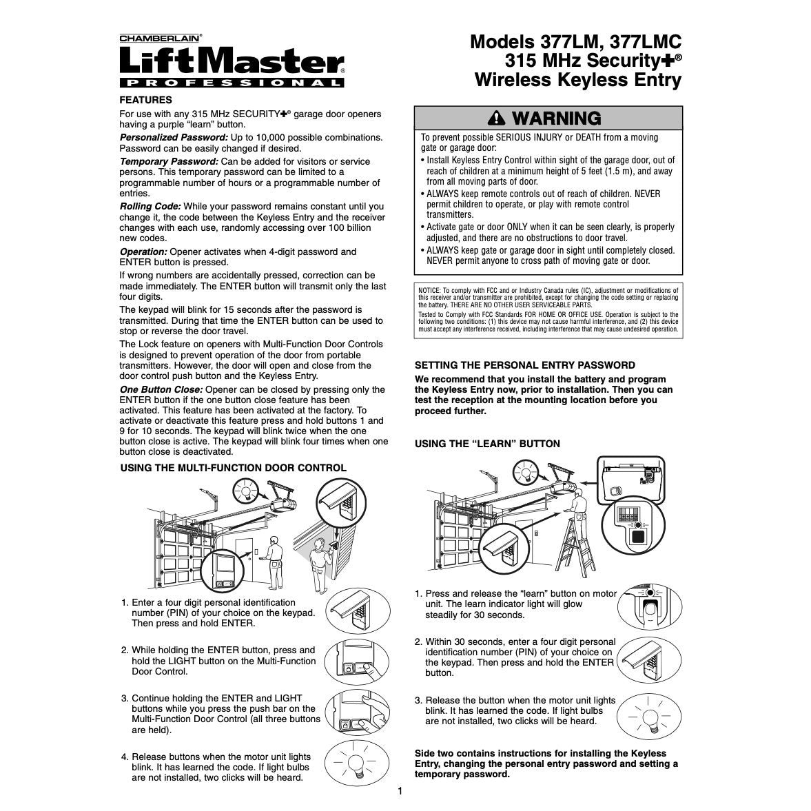 LiftMaster 377LM / 377LMC Wireless keyless entry 315MHz Garage Door Opener Remote Control