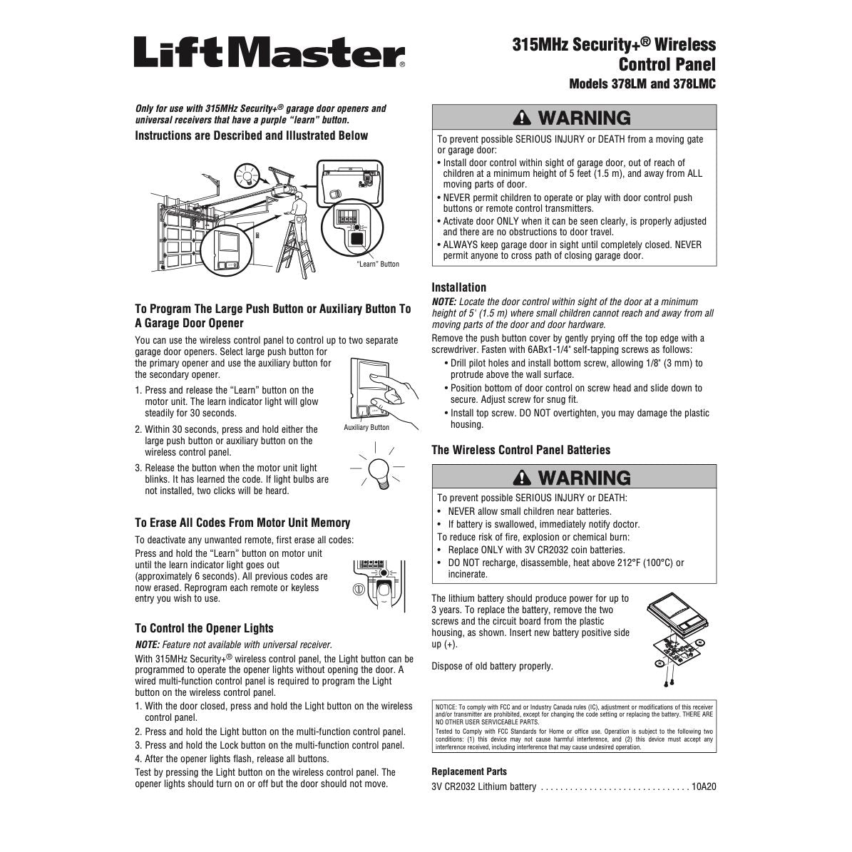 Panel de control inalámbrico LiftMaster 378LM / 378LMC de 315 MHz para abre-puertas de garaje