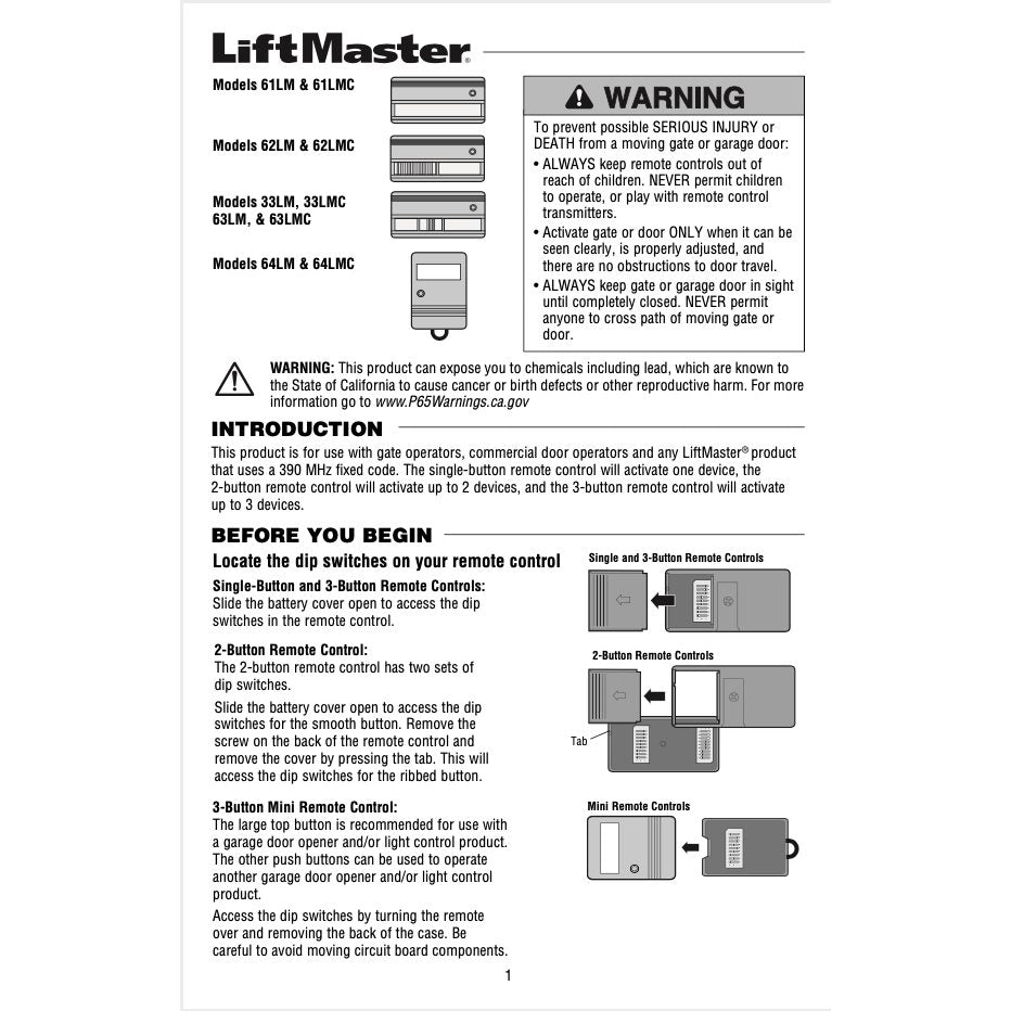 Control remoto para abre-puertas de garaje LiftMaster 62LM / 62LMC con 2 botones y visera de 390 MHz