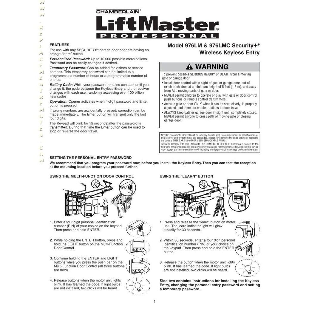 Control remoto inalámbrico para puerta de garaje LiftMaster 976LM / 96LM / 976LMC con entrada sin llave de 390 MHz
