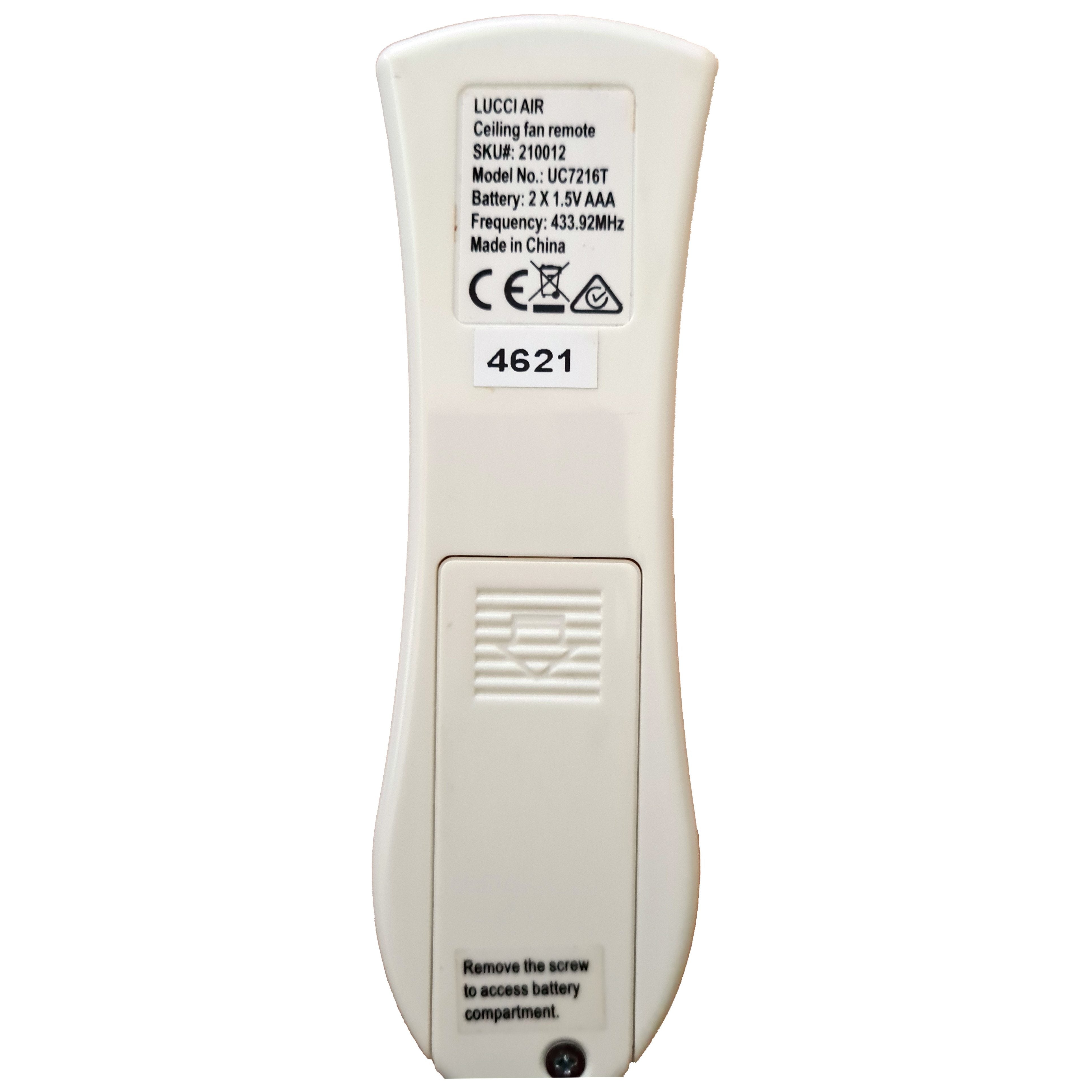 Control remoto para ventilador de techo Lucci 210012 UC7216T de 433 MHz