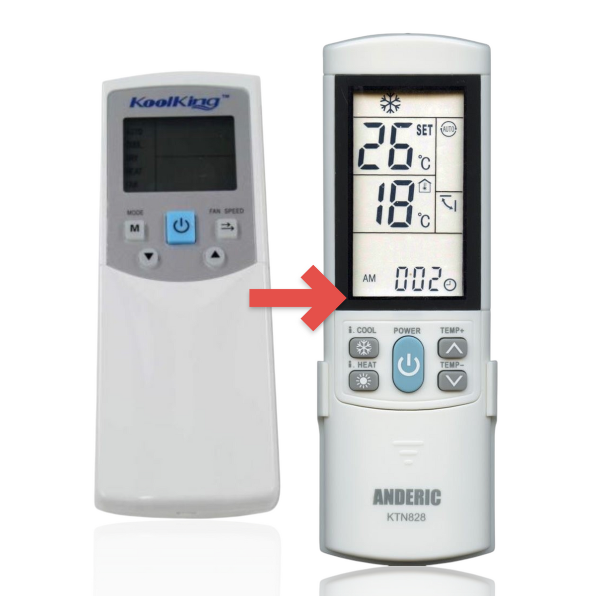 Anderic KoolKing air conditioner remote control with white casing, backlit LCD screen, and blue power button.