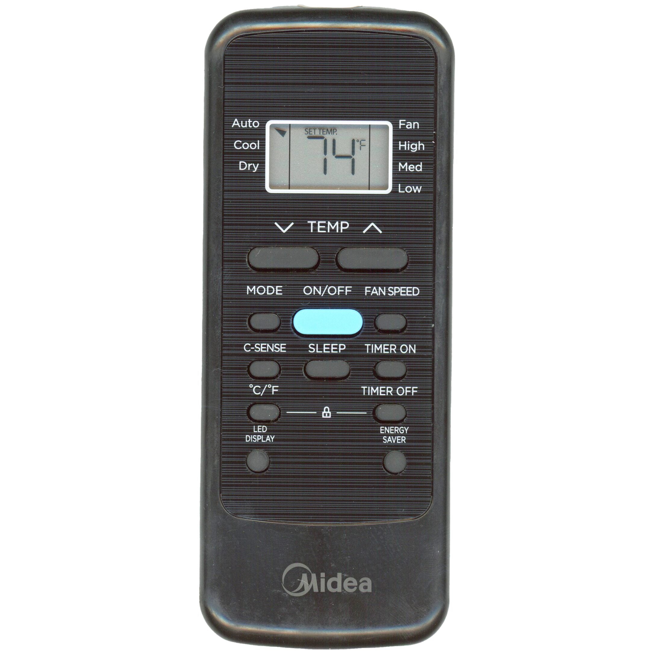 A Midea RG51G1/CEFU1 air conditioner remote control displays 74°F and features buttons for mode, fan speed, temperature, timer, sleep, LED display, and energy saver—compatible with select Midea models.