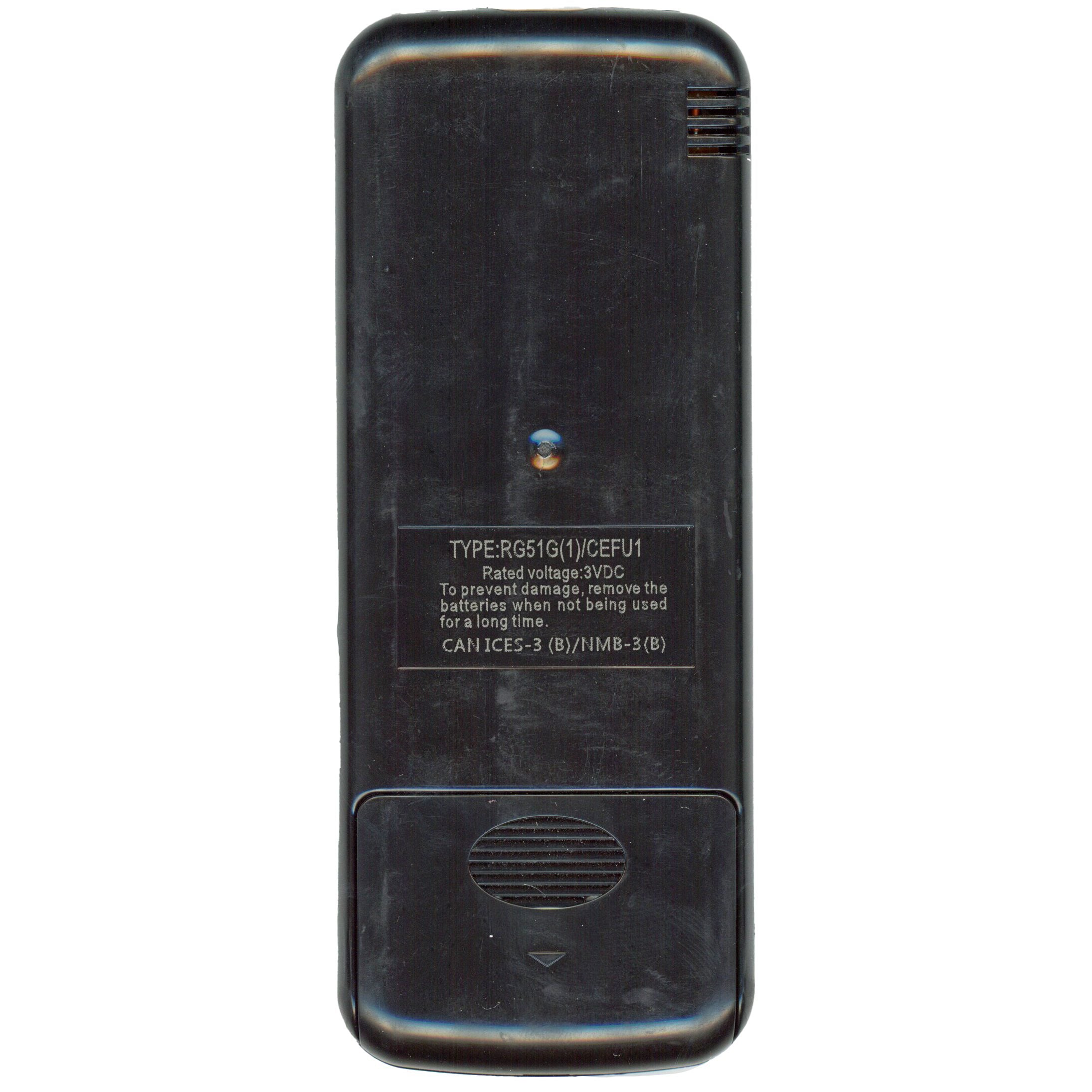 Back view of the Midea RG51G1/CEFU1 Air Conditioner Remote Control, showing the battery compartment cover and printed instructions for battery removal and voltage requirements.