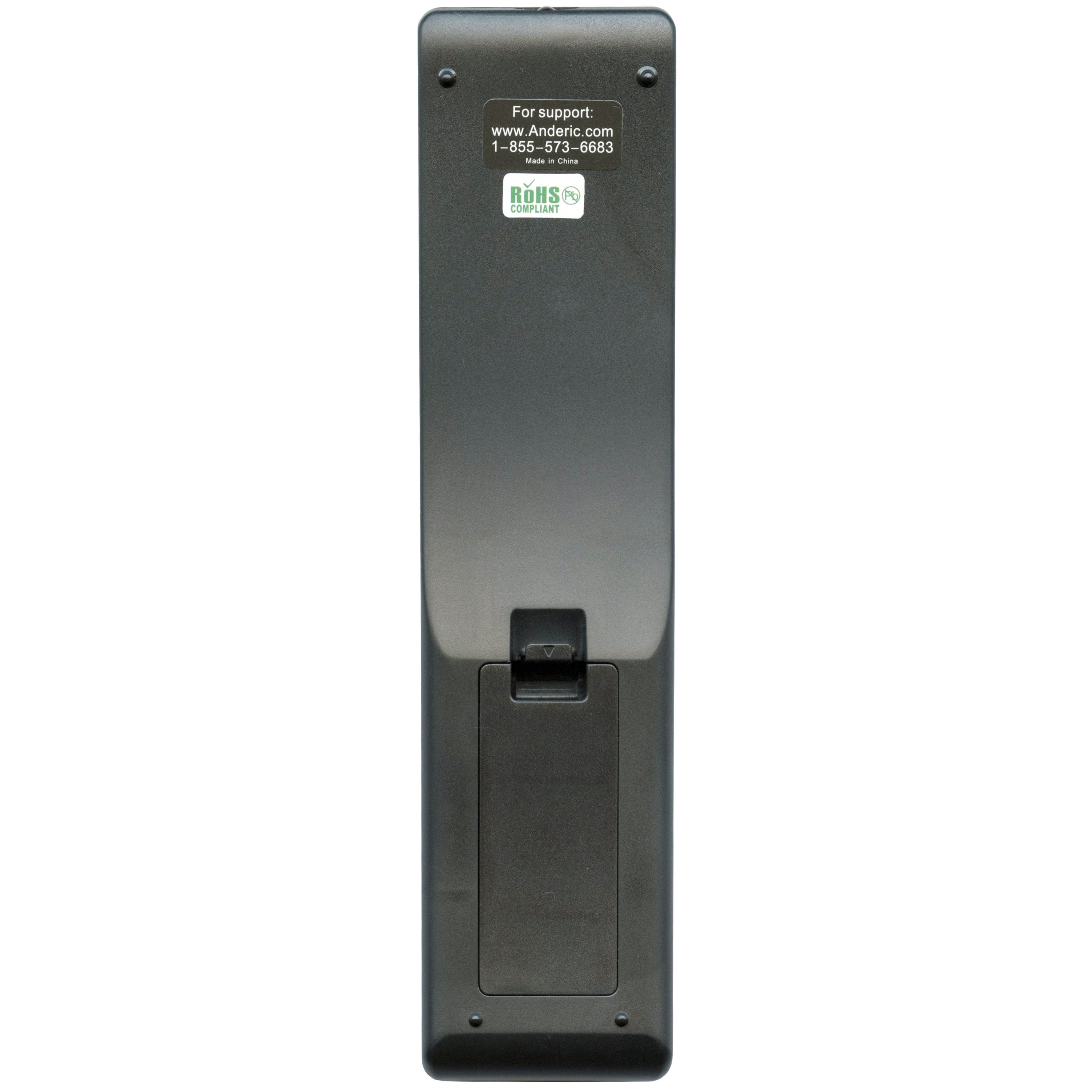Back view of the Anderic NSRC02A12 for Insignia TV Remote Control, showcasing a battery compartment and contact details at the top.