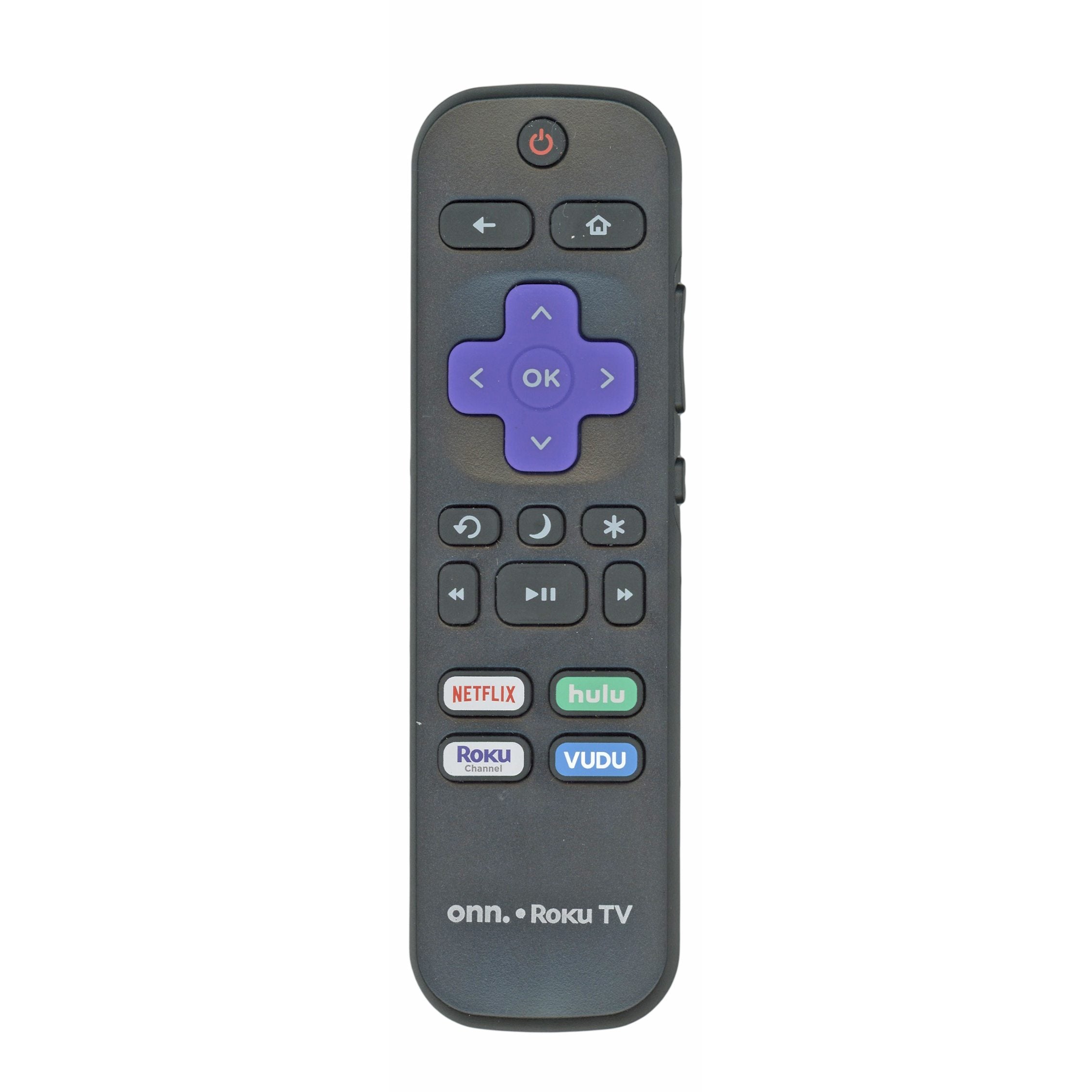 The sleek ONN RC439 Roku TV remote features black design with purple navigation buttons and dedicated controls for Netflix, Hulu, Roku, and Vudu to enhance your viewing experience.