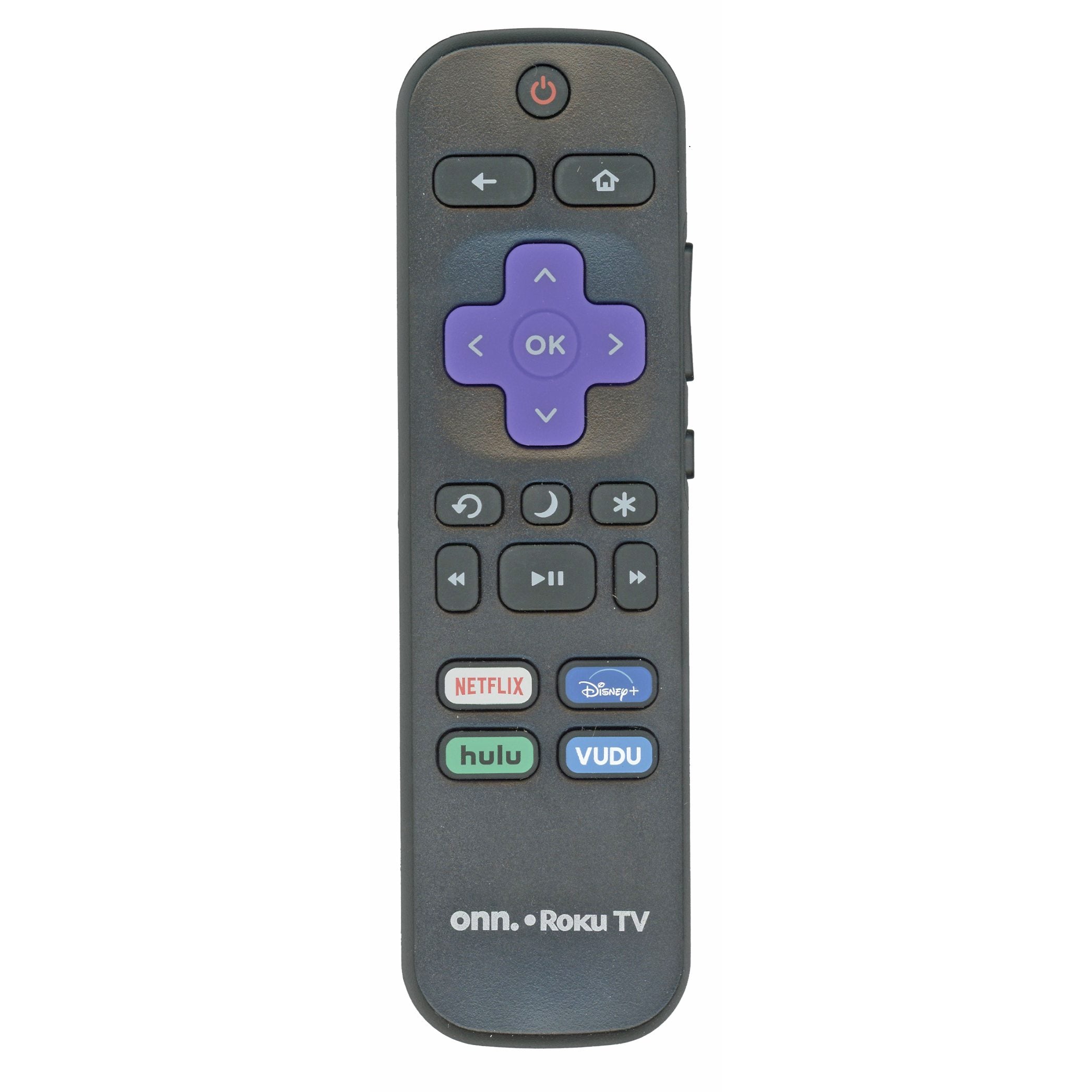 The ONN RCAFIR 2021 Roku TV remote, model 3226000858, features a vibrant purple directional pad and dedicated buttons for Netflix, Disney+, Hulu, and Vudu apps in a sleek black design to meet your entertainment needs.