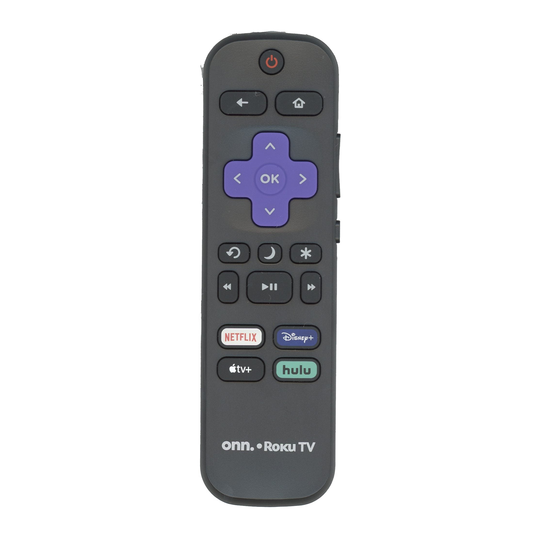 The ONN RCAFIR for 2022 Roku TV Remote Control - 3226001051 features a sleek black design with a purple directional pad and quick-access buttons for Netflix, Disney+, Apple TV, and Hulu. It includes standard controls with elegant branding at the bottom.