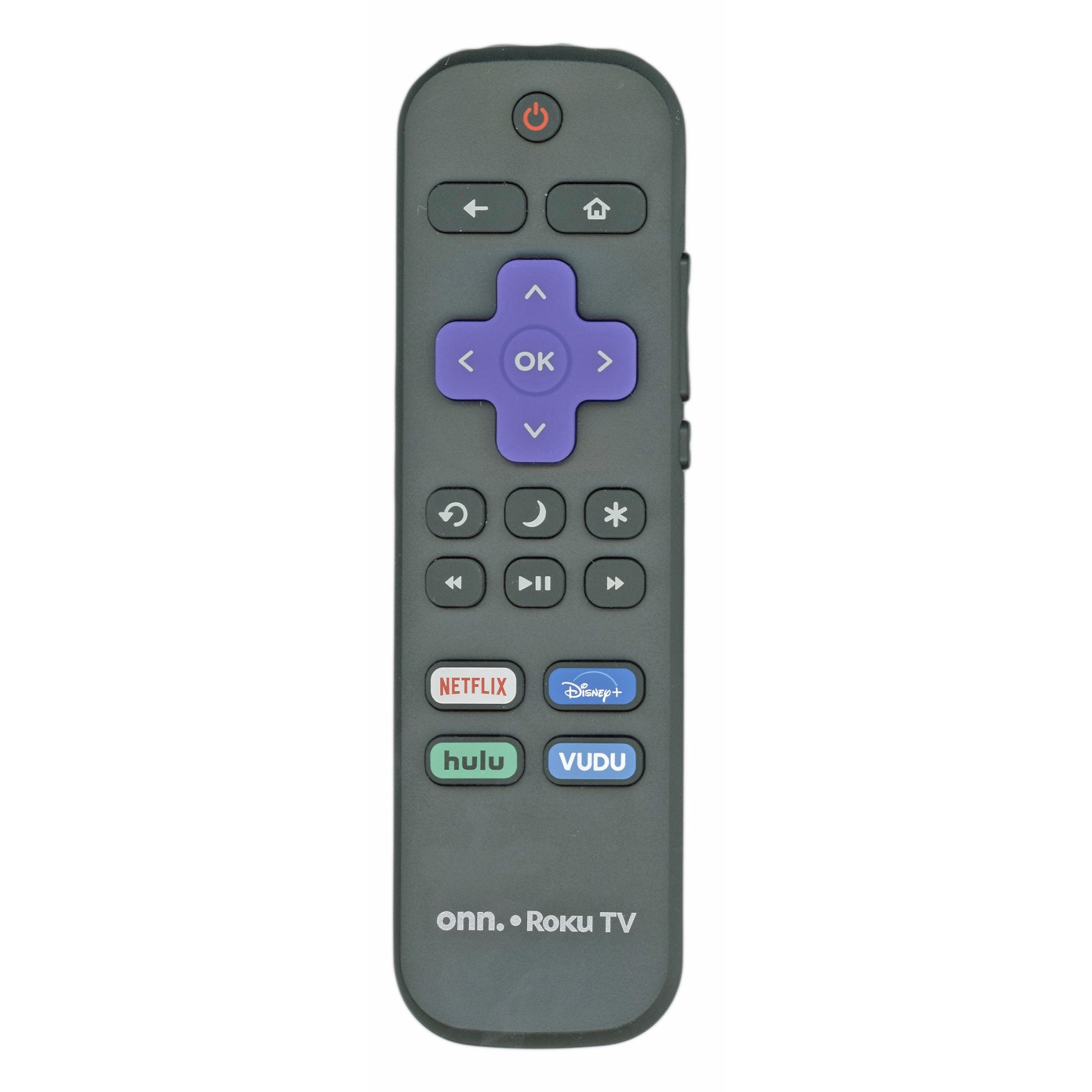 The ONN RCALIR 2021-2024 Roku TV remote control (model 3226000855) boasts a sleek black design with a purple directional pad and buttons for power, Netflix, Disney+, Hulu, and Vudu.