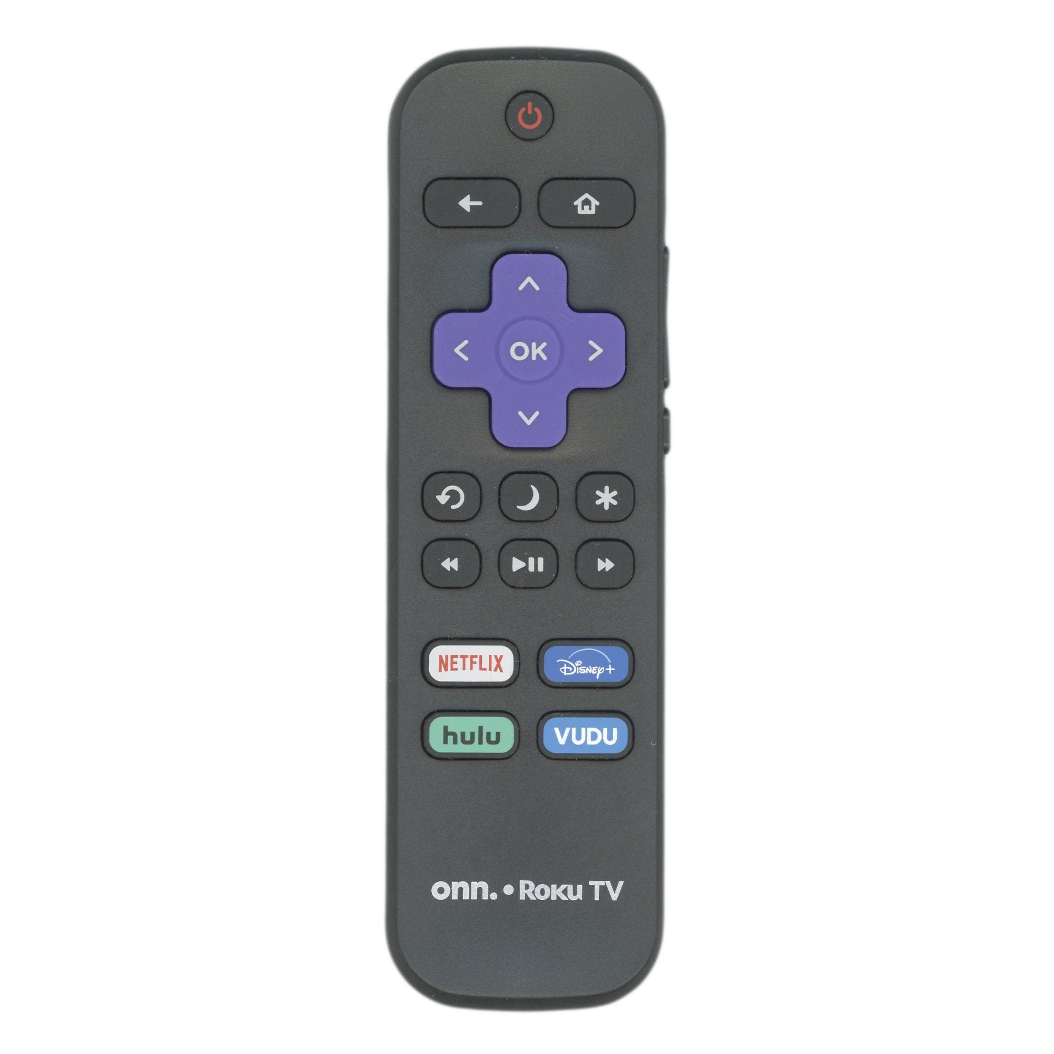 The ONN RCALIR Roku TV Remote Control features a black design with a purple directional pad, power button, and dedicated buttons for Netflix, Disney+, Hulu, and Vudu—perfectly compatible with ONN devices.
