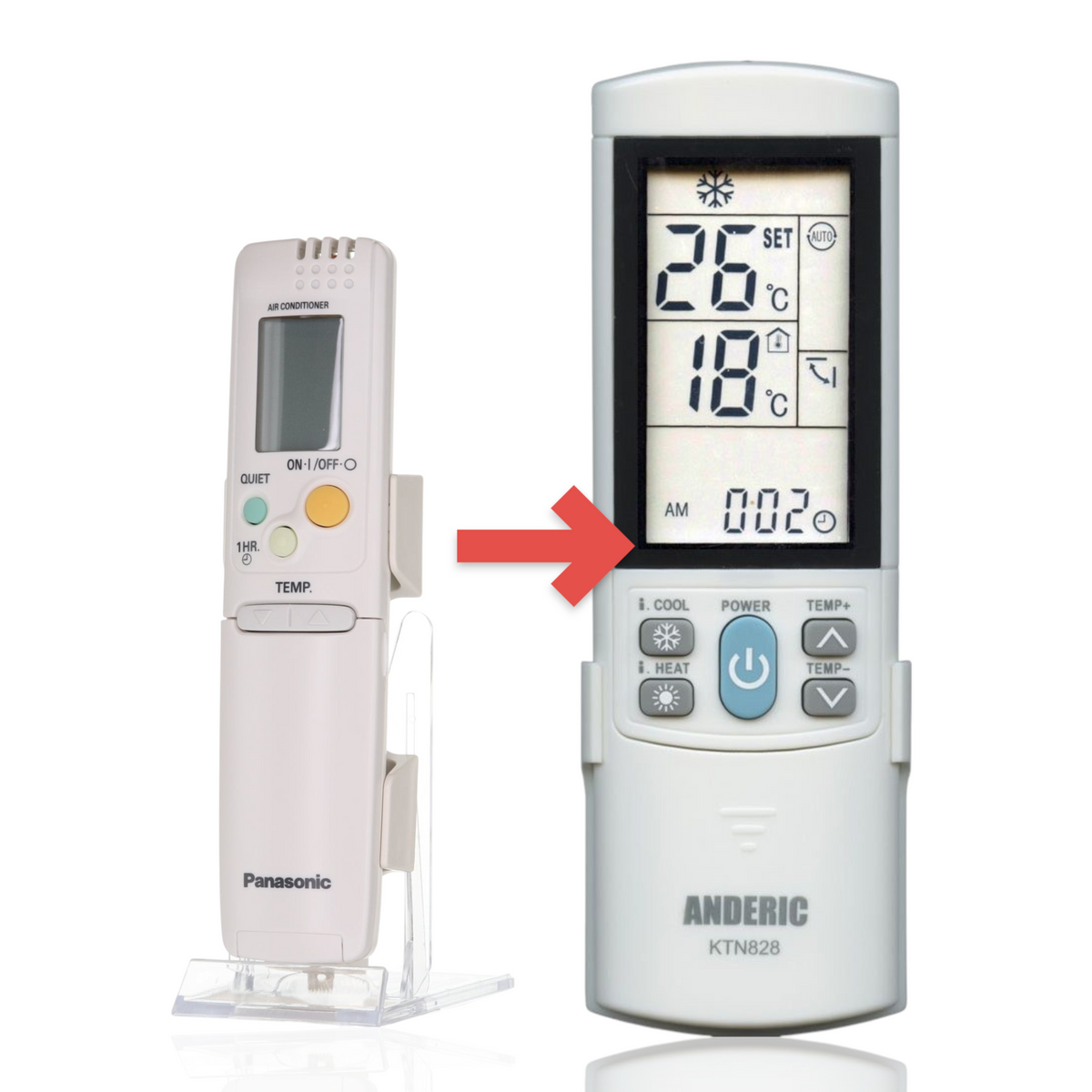 Anderic replacement remote control for Panasonic air conditioners with a white plastic body and backlit LCD screen.