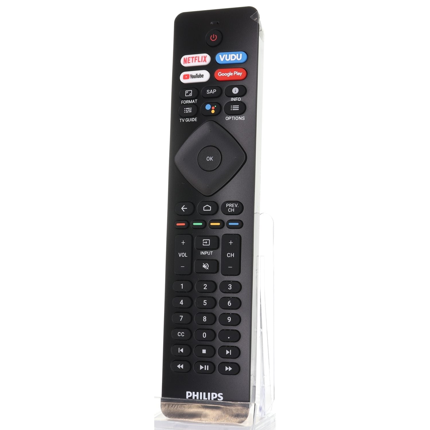 The Philips RF402A Android TV Remote (URMT47CND002) is ideal for navigating 4K Ultra HD content, with dedicated buttons for Netflix, Vudu, YouTube, Google Play, and standard volume and channel controls. Displayed upright in black, it’s the ultimate remote for Android TV.